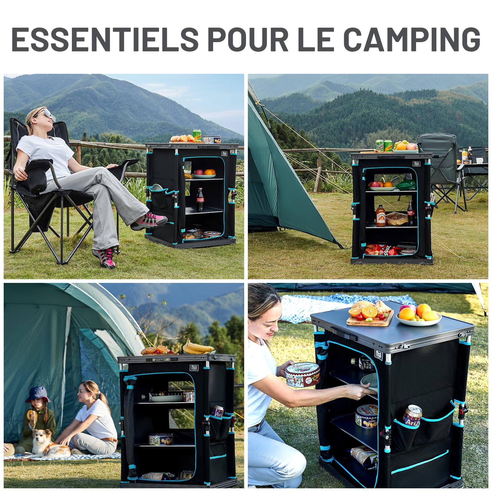 TIMBER RIDGE Placard de Cuisine Pliable Armoire de Camping Compact pour Intérieur Extérieur Jardin Compartiments de Rangement avec Poches Latérals