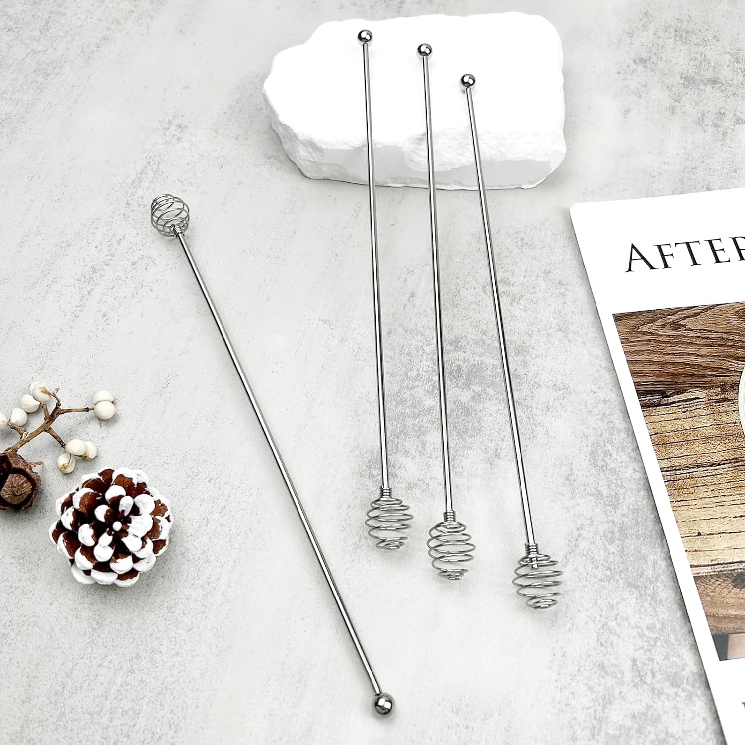 Stainless Steel Coffee Stir Sticks – 4 Pack Reusable Swizzle Stirrers with Honeycomb Ball Design for Cocktails, Tea, Juice, and Mixed Drinks (7.5”)