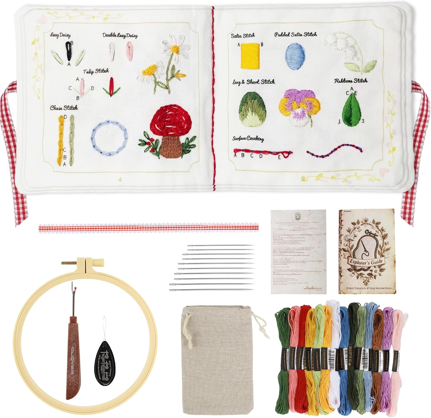 Zisekdy Embroidery Stitch Book Kit for Adults Beginners, 32 Stitches, Hand Embroidery Guide with Floral Patterns, Includes Hoop, Threads and Tools, DIY Sewing Craft Starter Set, Gift for Craft Lovers