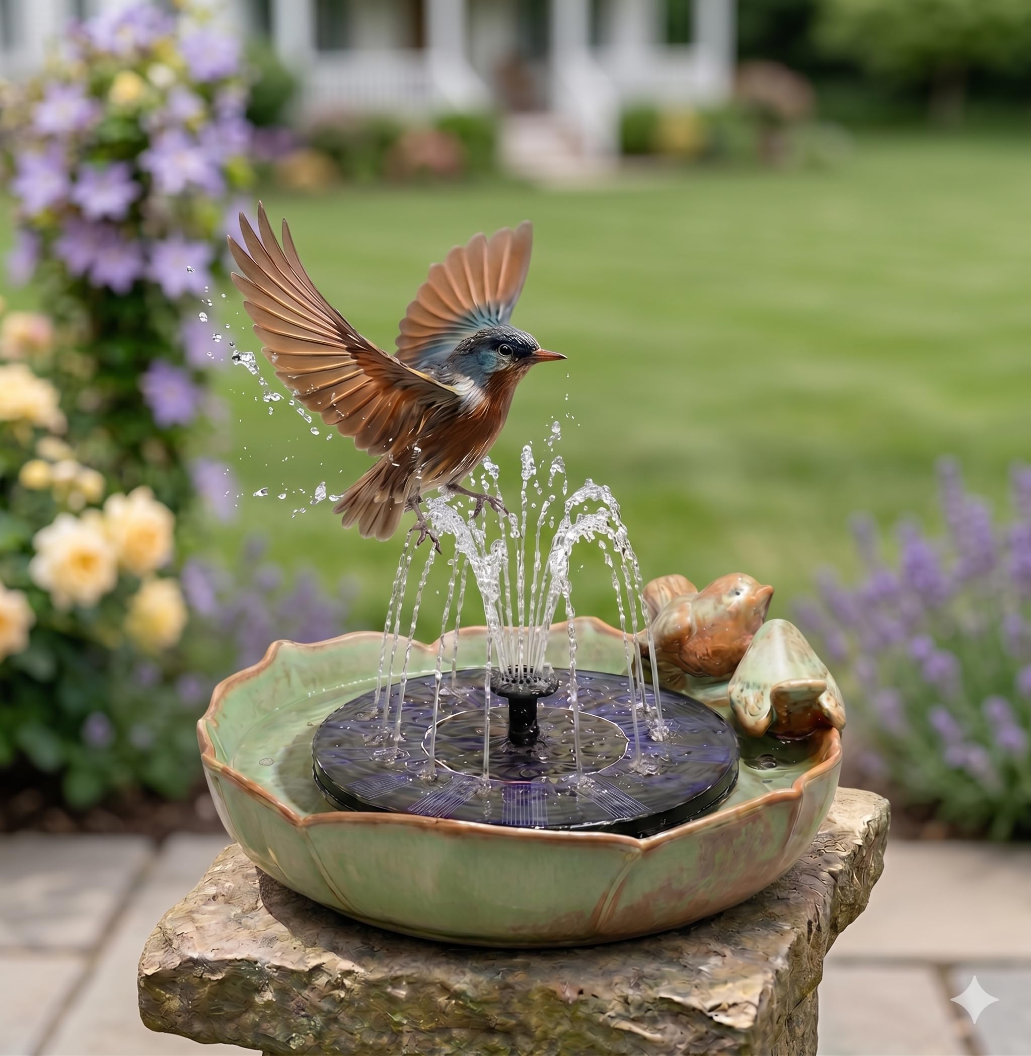 Photo 1 of Solar Hummingbird Fountain,Ceramic Birdbath Bowl Water for Outdoor, Solar Powered Ground Bird Feeders and birdbath for Outdoors, Tabletop, Deck, Balcony Patio, Lawn,Yard Garden Decor