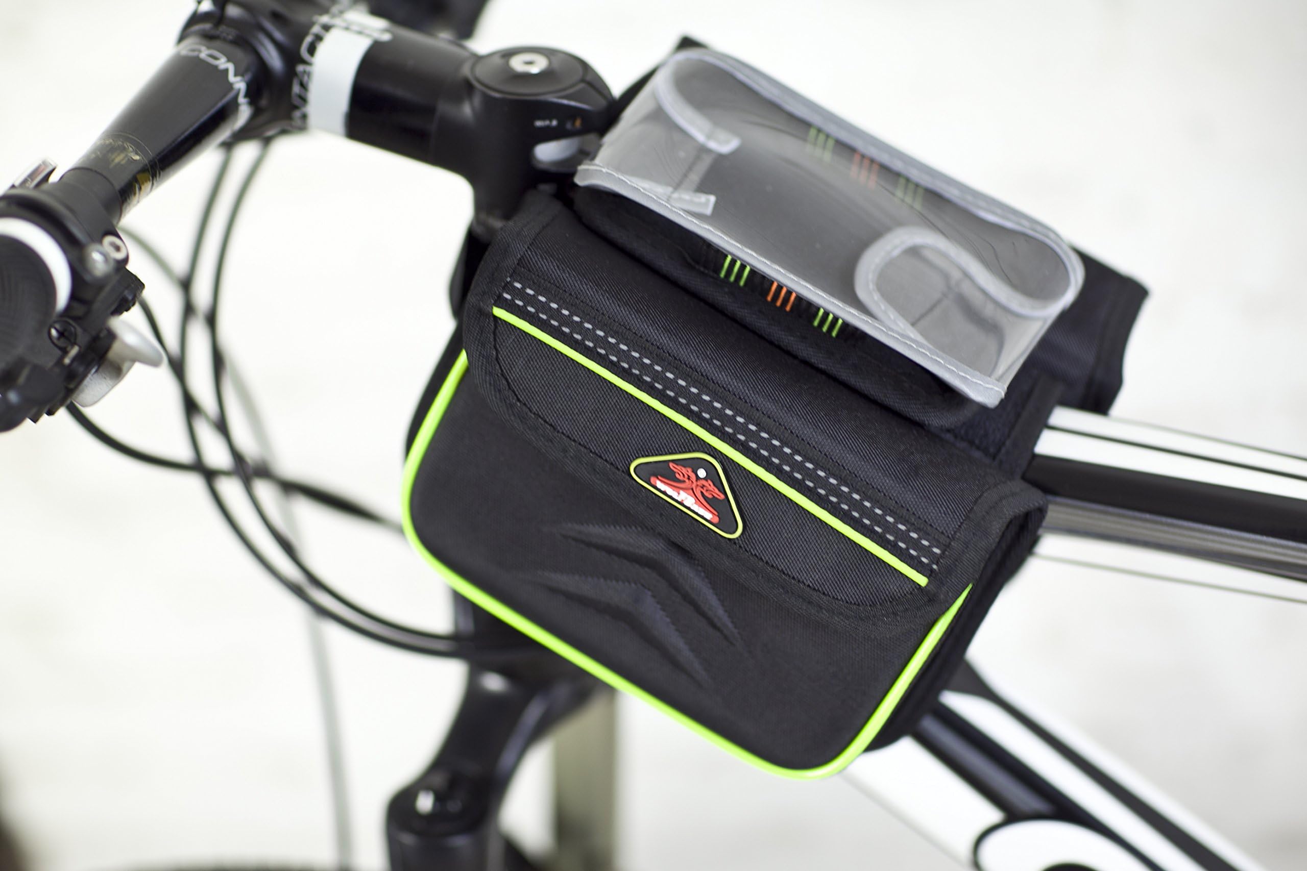 WOLFBASE Black Waterproof Bicycle Phone Pouch Frame Pannier Front Top Saddle Bag 5.5" for iPhone/Samsung, with Reflective Strip, PVC Window