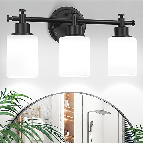 Lámparas de baño negras de 3 luces, modernas luces de tocador sobre el espejo, apliques de pared de baño con pantalla de vidrio blanco, enchufe E26,