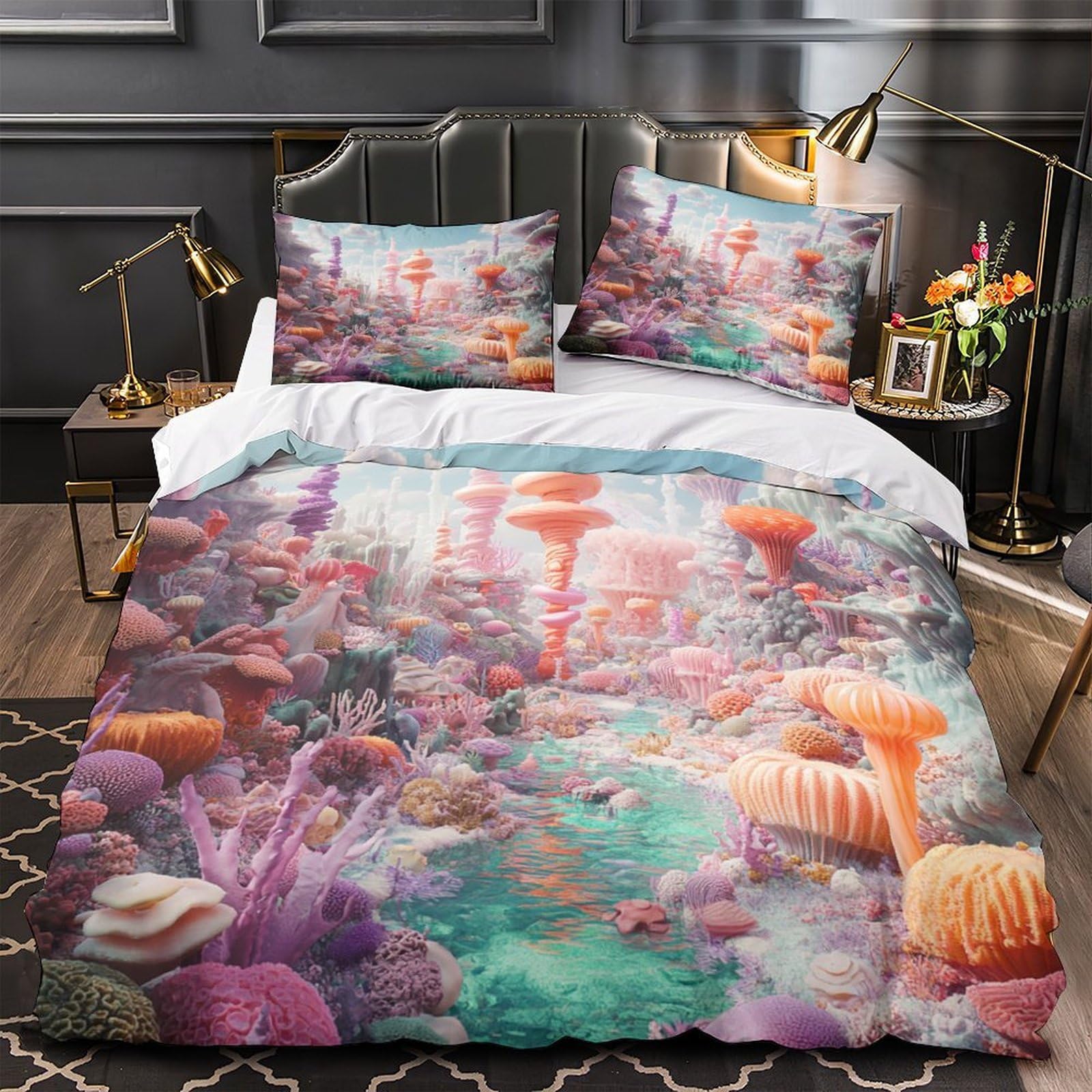 Housse de couette 3D scène sous-marine King 220x240cm avec 2 taies d'oreiller en microfibre