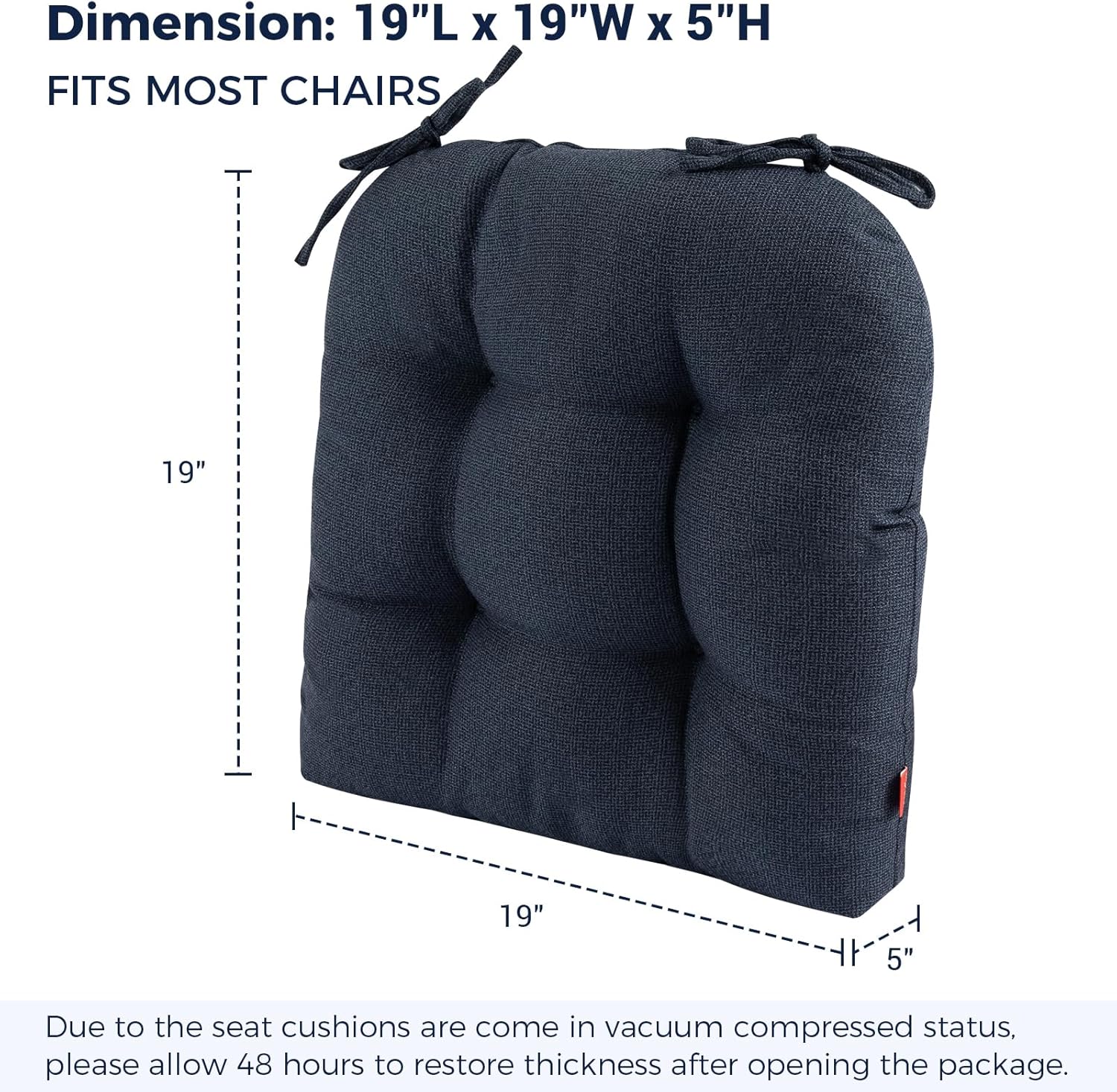 Indoor/Outdoor Tufted Seat Cushions with Ties Set of 2, 19"x19" Chair Cushions for Dining Chairs, Waterproof Overstuffed Chair Pads for Garden Patio Kitchen Home-Navy Blue