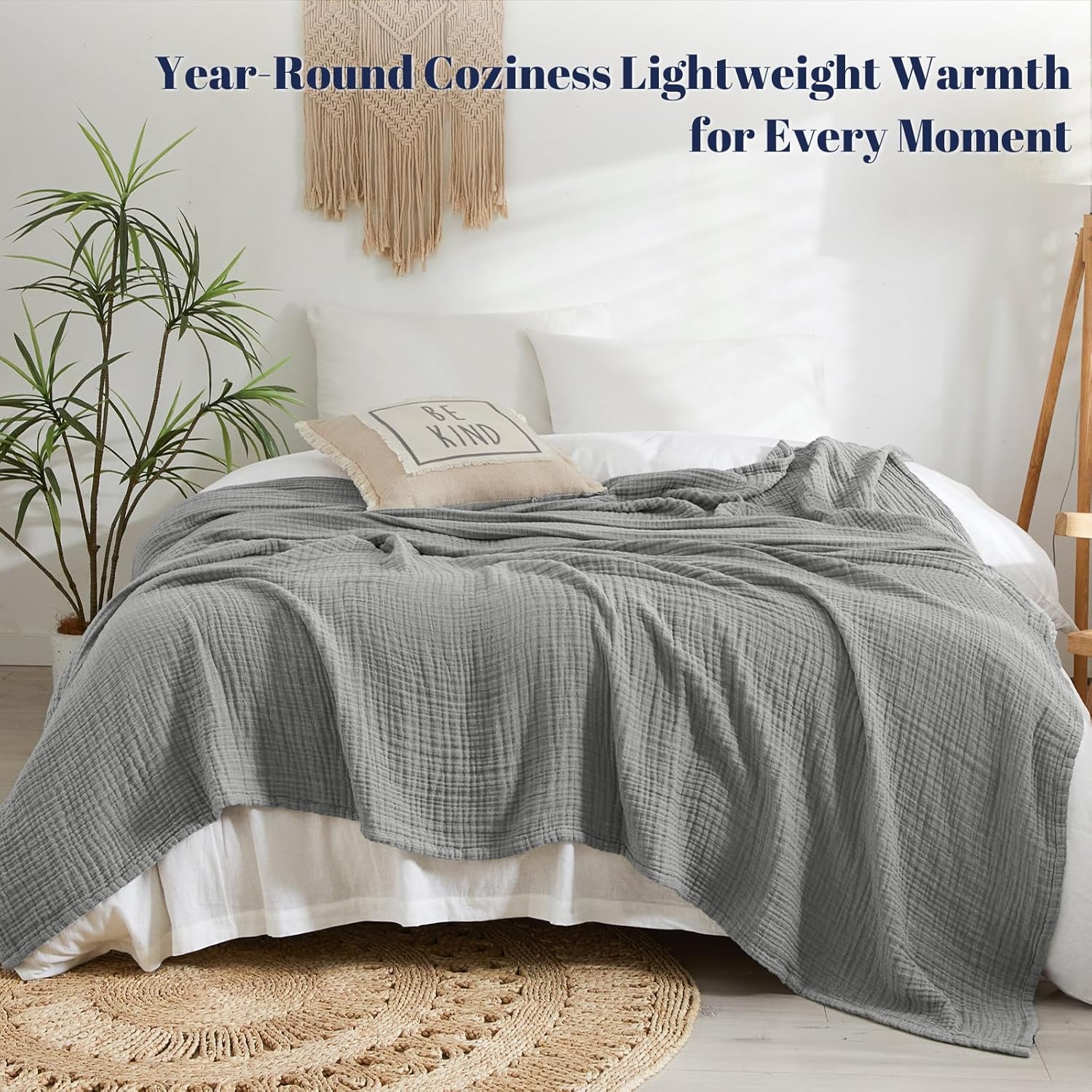 PHF 100% Cotton Muslin Blanket King Size 108"x90", 4-Layer Lightweight Gauze Throw, Breathable Cloud-Soft Minimalist Blanket for Bed, Couch, Camping & Baby, Grey, Ideal Gift - Image 5