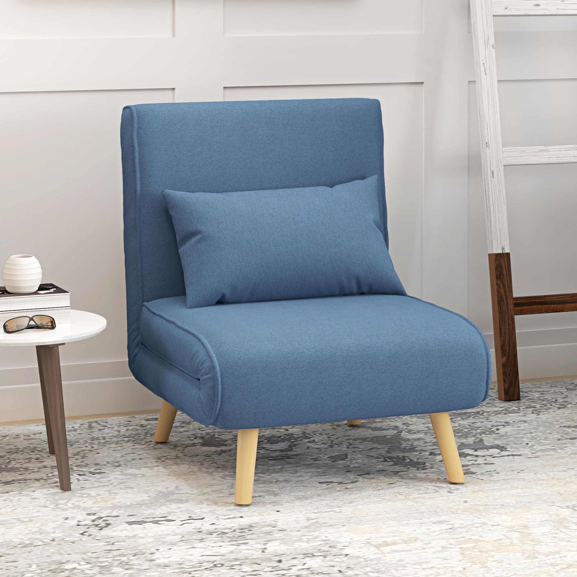 HOMCOM 3 en 1 Fauteuil Convertible 1 Place, Fauteuil lit et chauffeuse - Dossier inclinable 5 Niveaux et Oreiller Inclus, siège rembourré - pour Bureau, Salon, Chambre à Coucher, Bleu