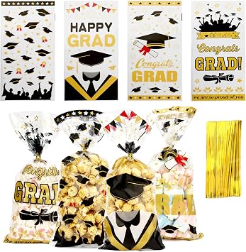 Leislam Graduation Treat Bags, Graduation Cellophane Treat Bags, 100 PCS Graduations Gift Bag, Plastic Clear Cello Candy Cookie Snack Goodies Bag with 100 Pcs Gold Ties for Graduations Party Favors Supplies, 4 Styles