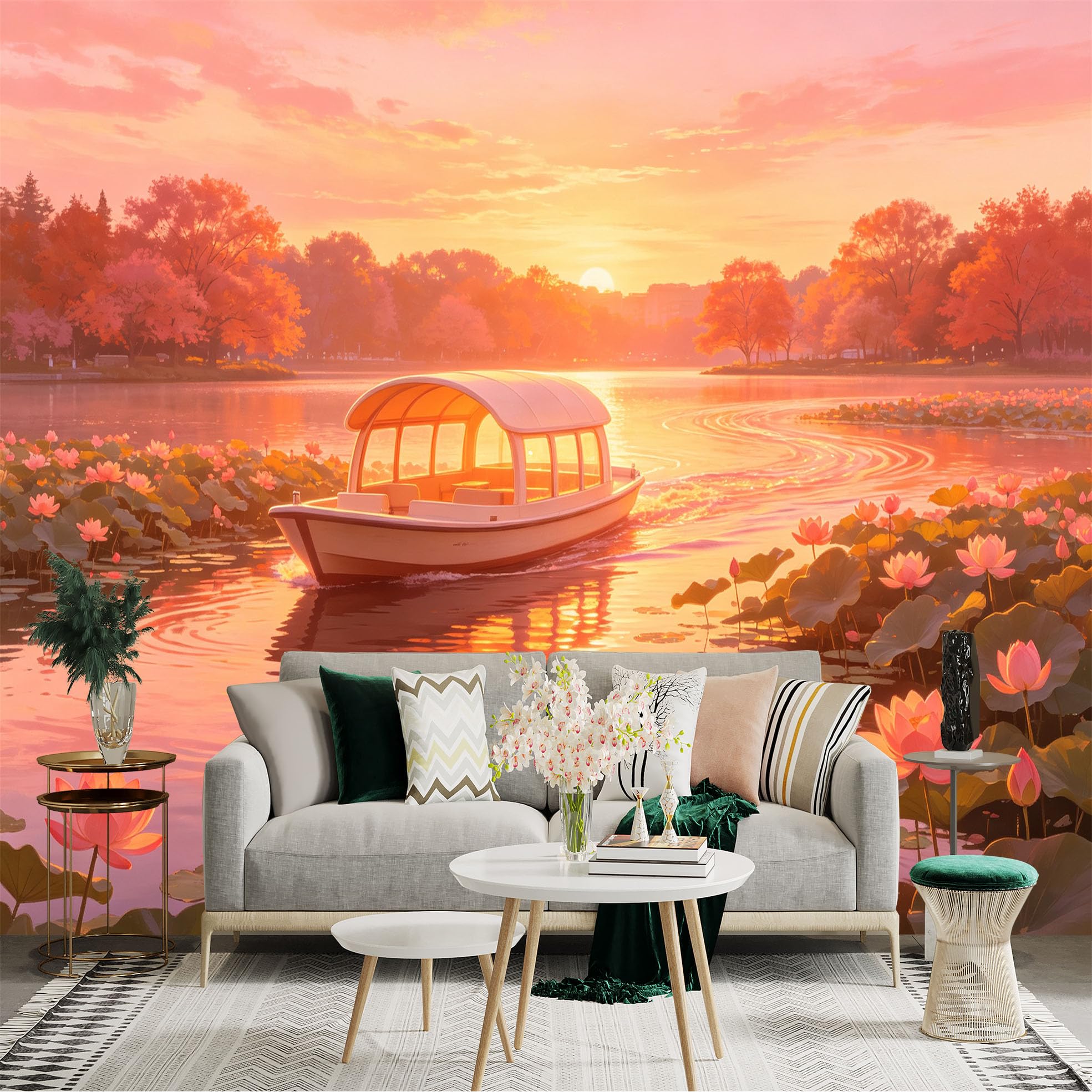 Custom Size Wall Sticker Mural， Sunset Boat on Calm Lake， Blooming Lotus Flowers and Ducks， Golden Twilight Scenery， for wall Decoration， peelandstick wall Decals.