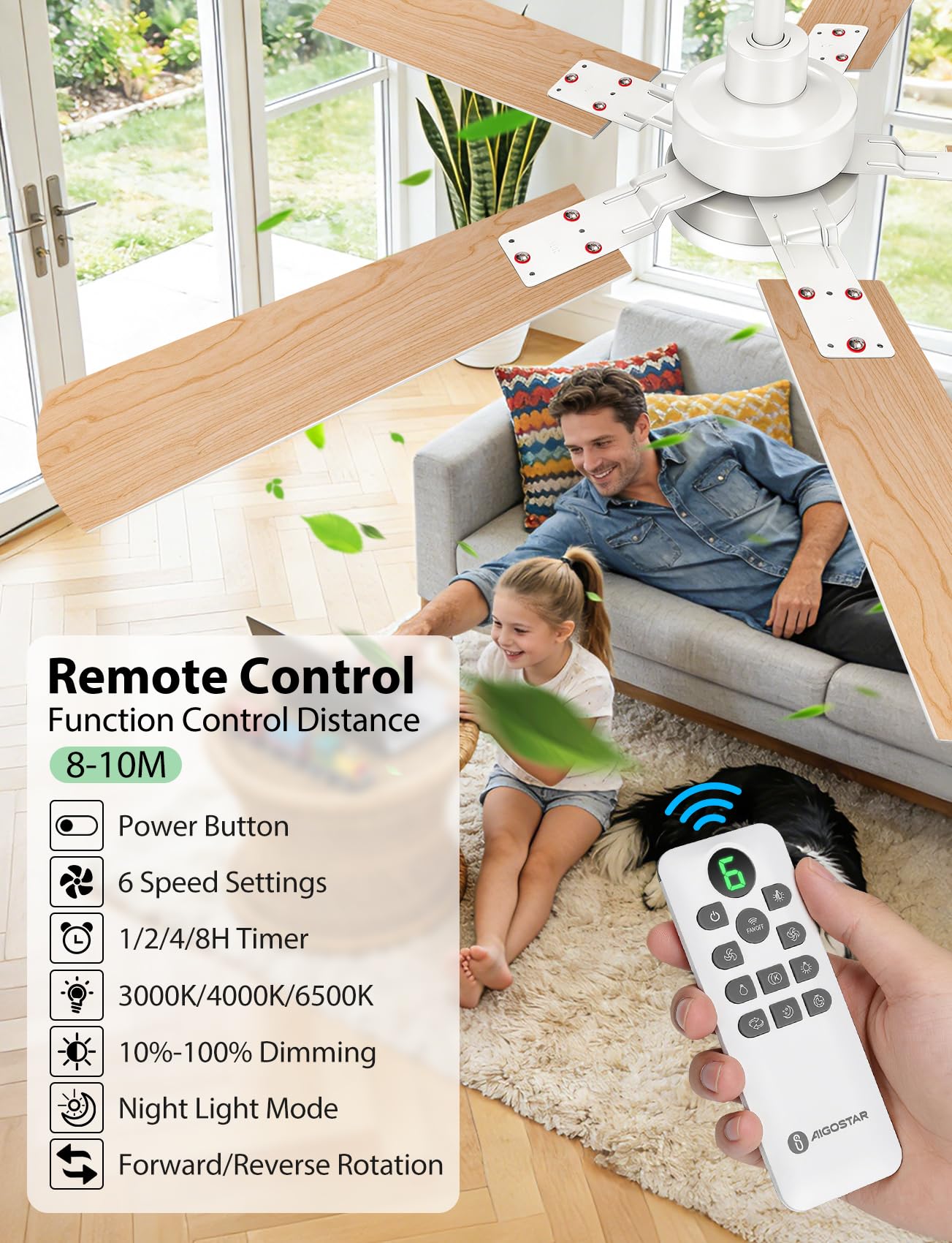 Aigostar Ventilador de Techo con Luz Silencioso 52″, Motor DC Reversible 33W, Mando a Distancia, 6 Velocidades, 3000K/4000K/6000K Regulable, Ideal para Dormitorio, Sala o Cocina. Ø132 cm