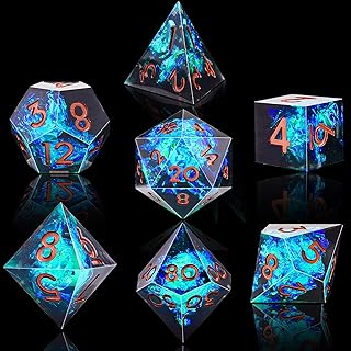 AUSTOR 7-Die DND Dice Set, Handmade Sharp Edge Polyhedral Dice for Dungeons and Dragons RPG MTG Table Games（Black & Blue）