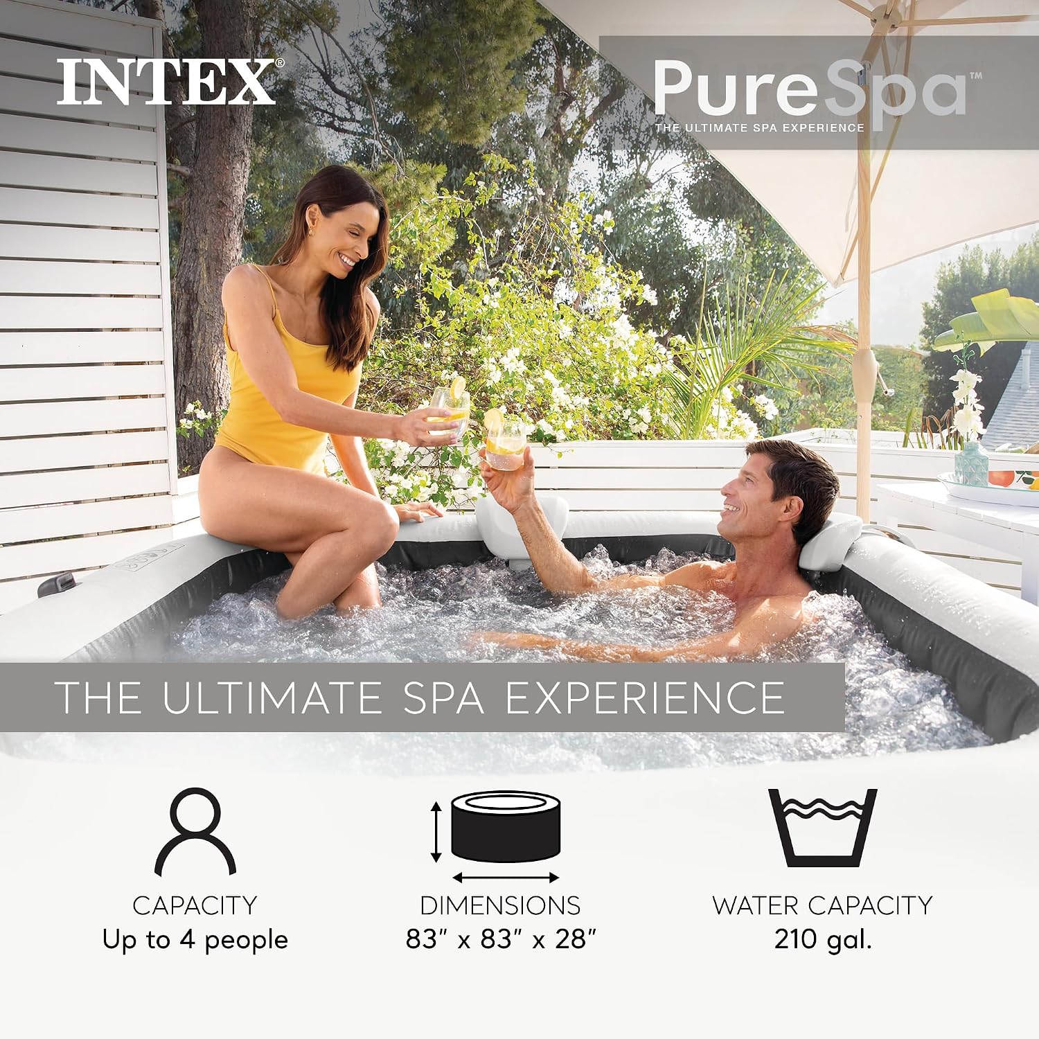 Intex PureSpa Plus Greystone Inflatable Square Hot Tub, Maintenance Kit w/Brush, Skimmer & Scrubber, & Slip Resist Inflatable Removable Seat (2 Pack)