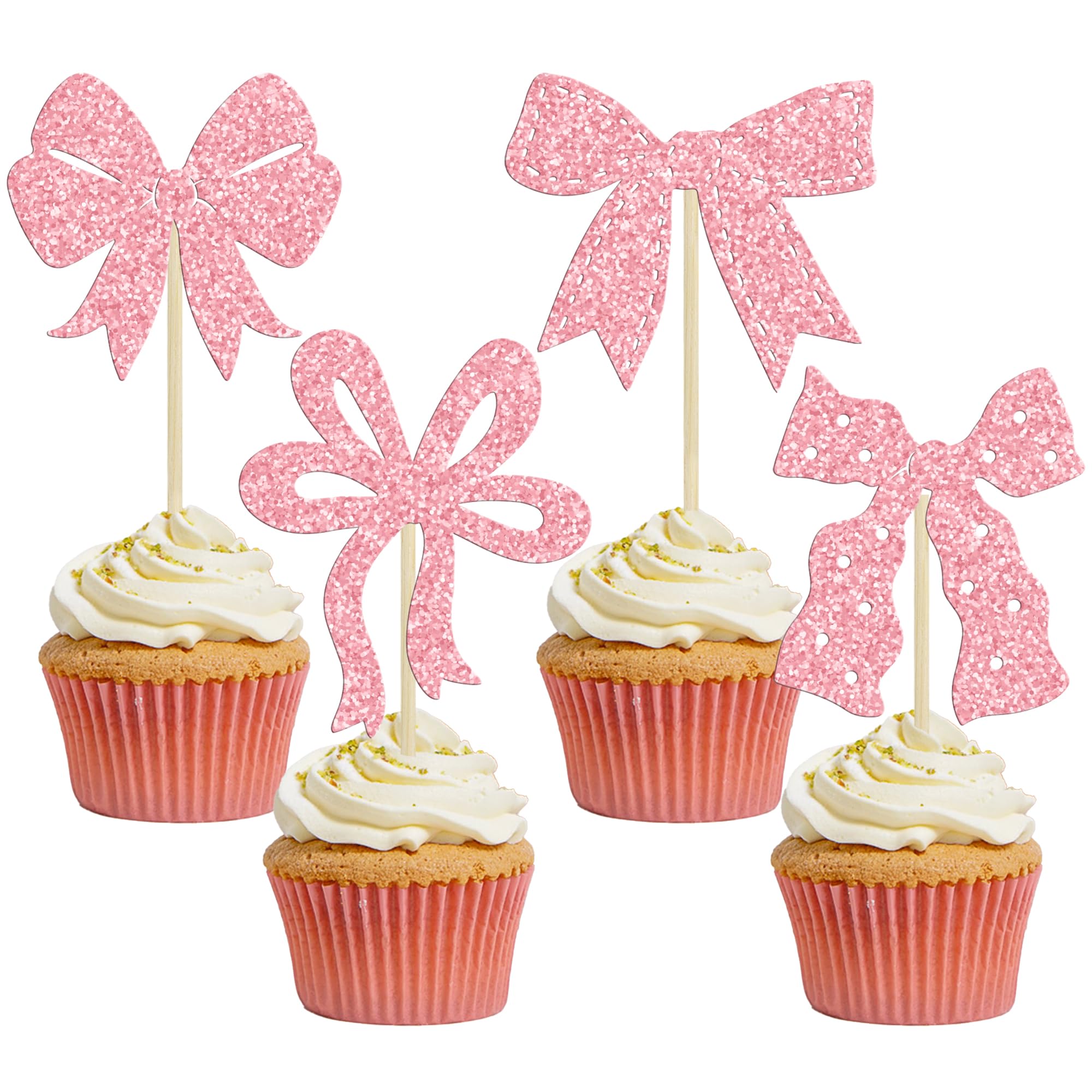 Ephlyn 24Pcs Bow Cupcake Toppers Pink Girls Birthday Party Decorations Bowknot Cupcake Toppers Bow Tie Birthday Cupcake Decorations Dessert Cake