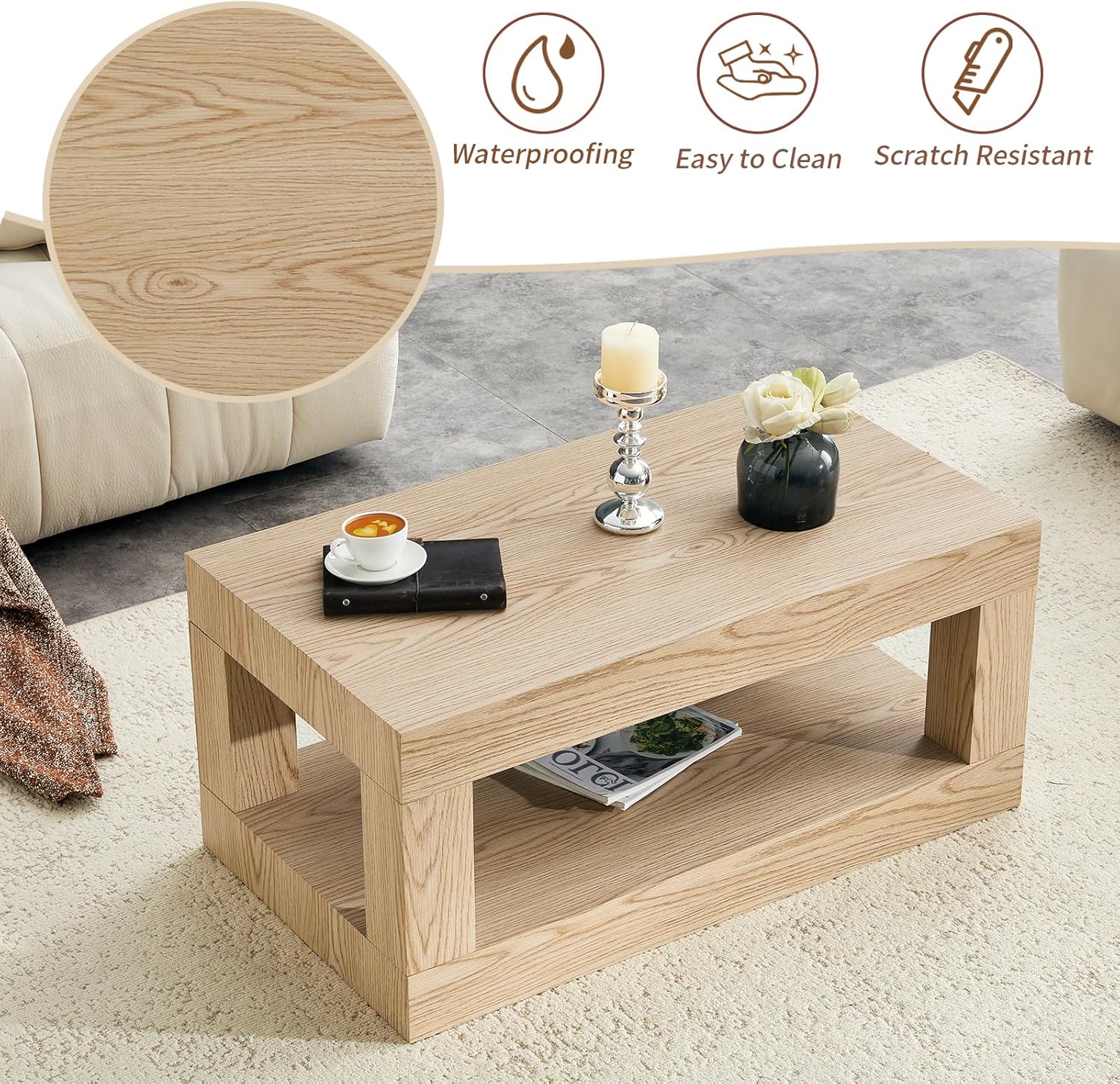 2-Tier Coffee Table with Storage, 39.4" Mid Century Rectangular Center Table, Farmhouse Large Accent Table with Thick Tabletop for Living Room, Office, Apartment (Natural)