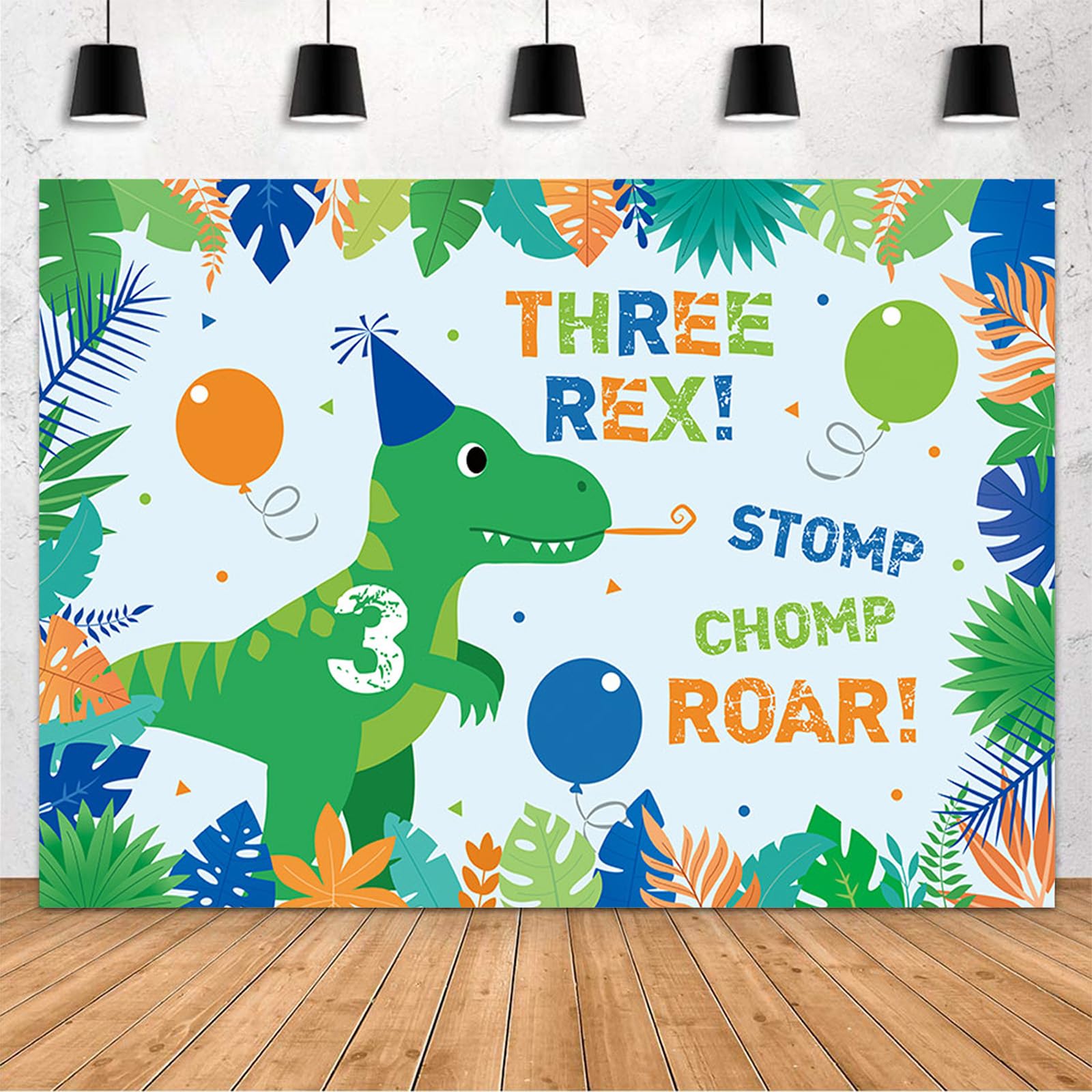 MEHOFOND 7x5ft Three Rex Birthday Backdrop for Kids Dinosaur 3rd Birthday Decorations Balloon Confetti Green Leaf Photography Background 3 Years Old