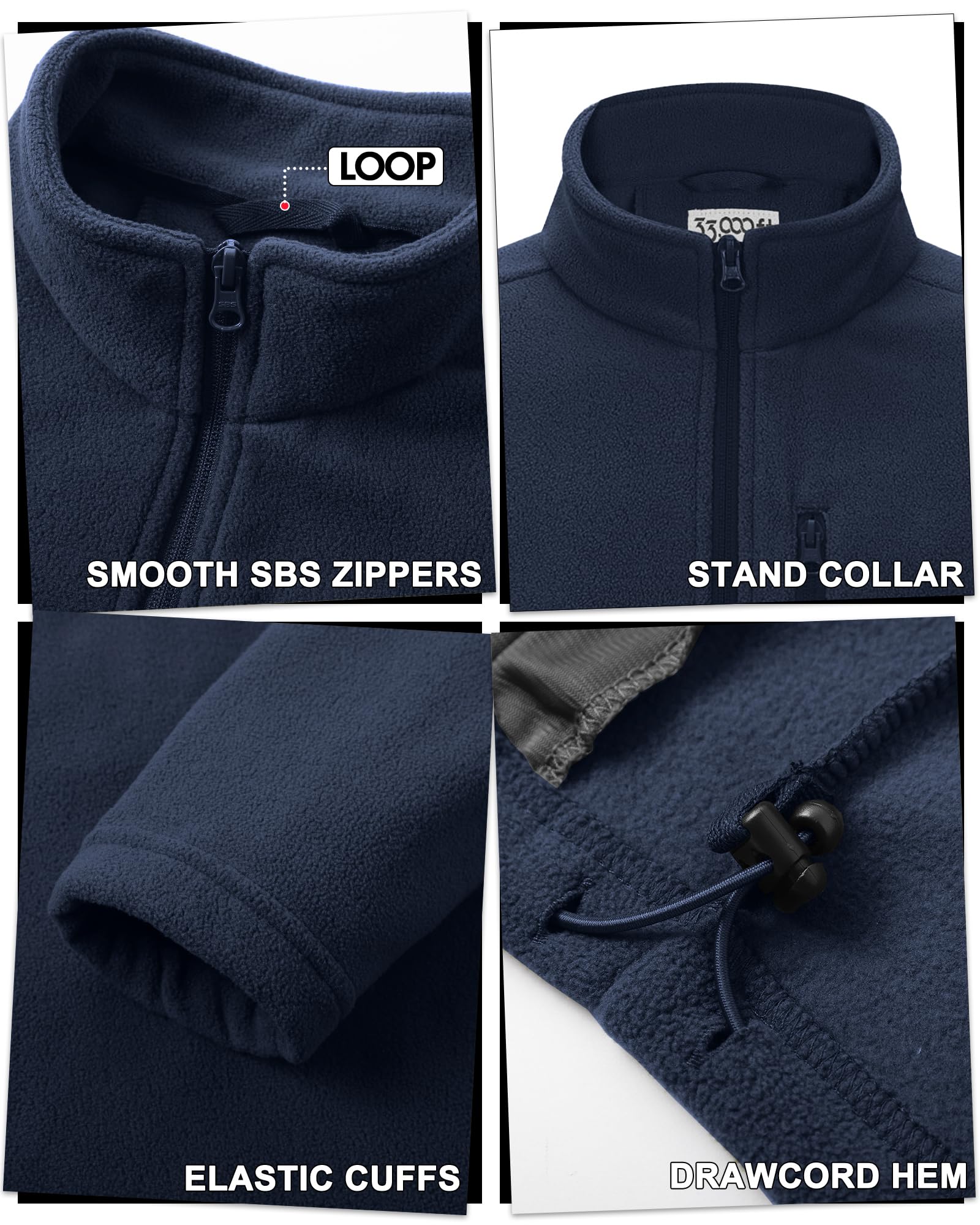 33,000ft Veste polaire pour homme - Col montant - Veste chaude - Veste légère en tricot - Veste de mi-saison - Veste d'extérieur pour la randonnée, la course, les loisirs