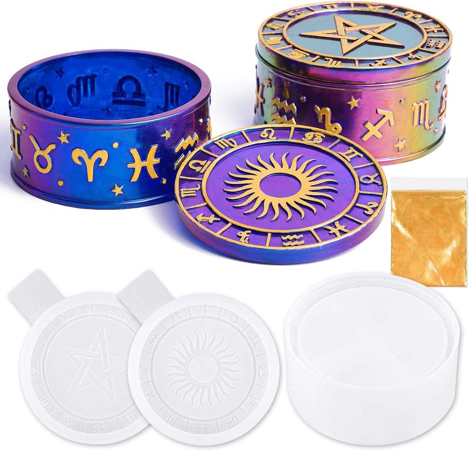 NiArt Silicone Resin Mold, Constellation Storage Box Jewelry Organizer Zodiac DIY Epoxy Resin Jar with Sun and Star Lids, Jewelry Trinket Container Candle Holder, DIY Casting Handcraft Glossy Art