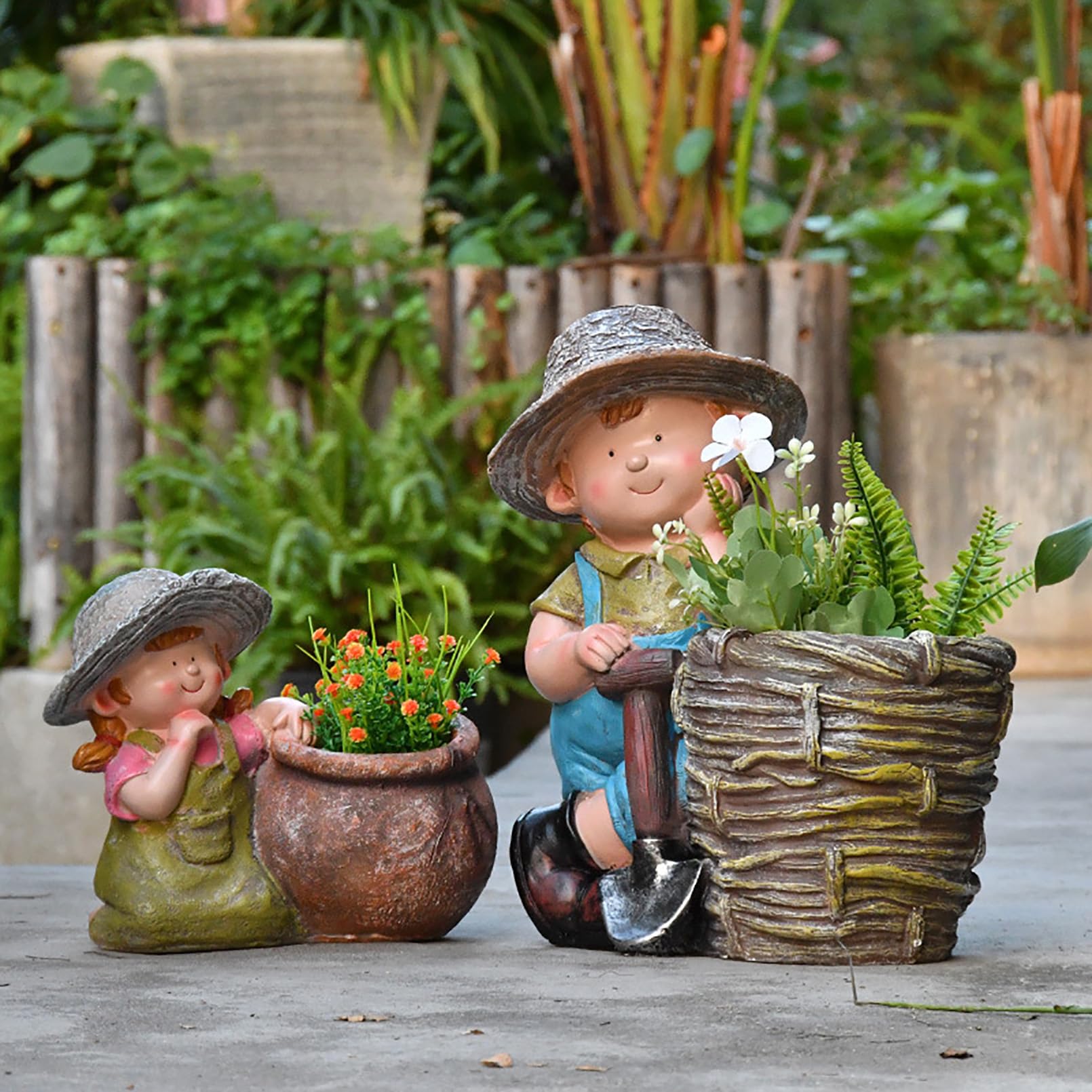 Grande Figura da Giardino con Vaso di Fiori Decorazione da Giardino per Esterni, Simpatico Personaggio dei Cartoni Animati da Statua Figura, Resistente alle intemperie,Verde,25x22x16cm