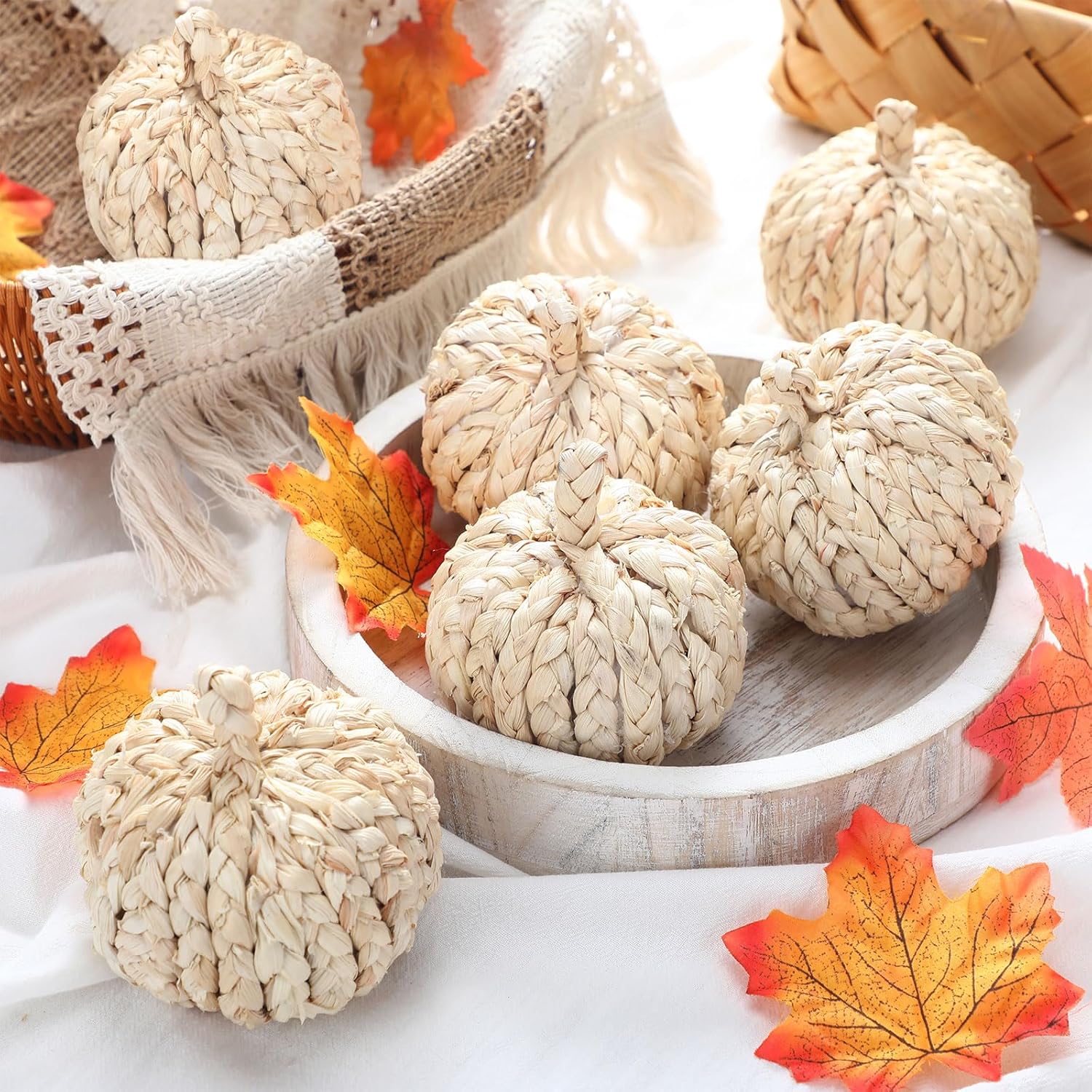 6 Pcs Fall Rattan Pumpkin Decor Woven Corn Husk 4 Inch Braided Pumpkins Foam Woven Decor Artificial Handmade Harvest Fall Centerpieces for Thanksgiving Autumn Halloween Table Decoration