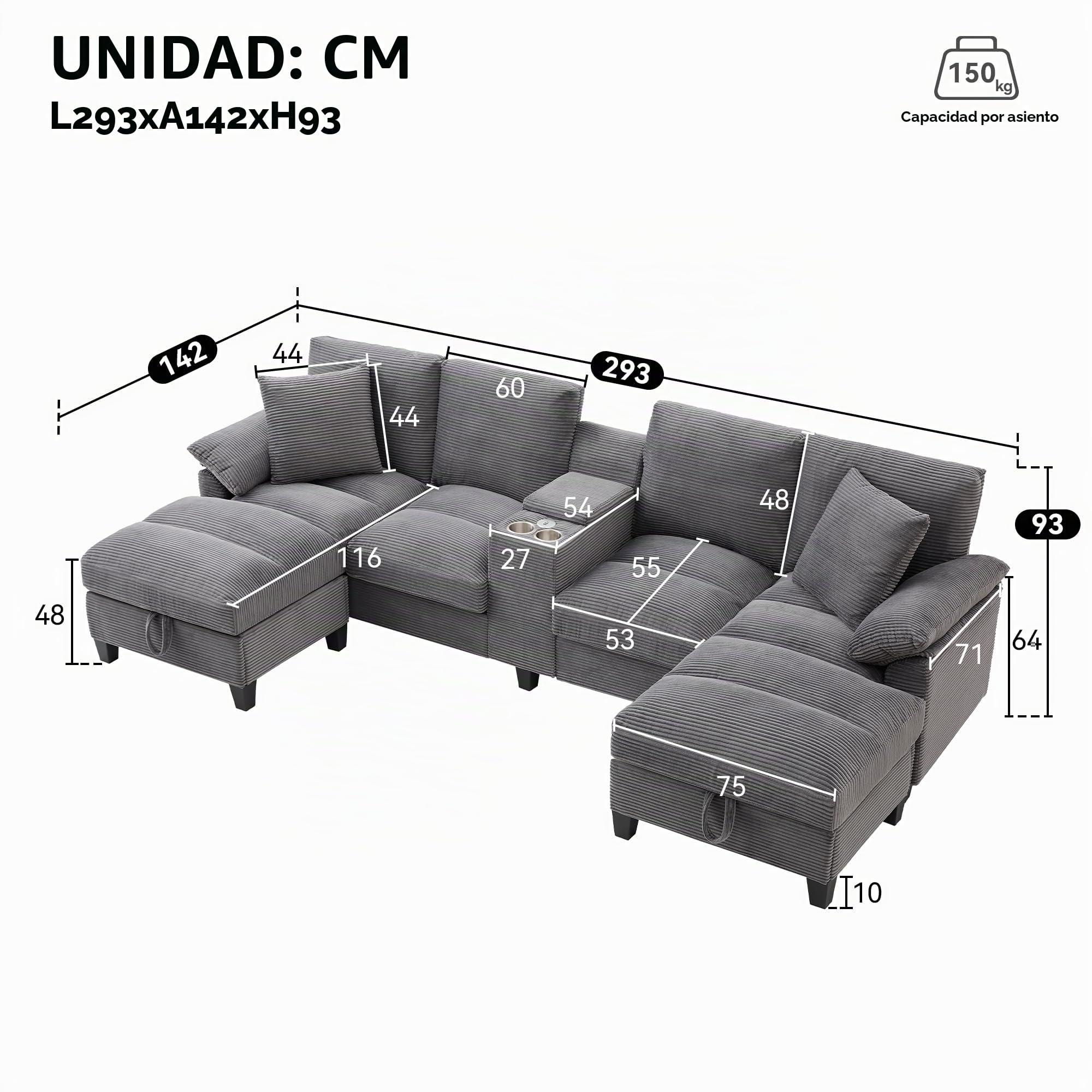 Azkoeesy - Sofá de 4 plazas con 2 reposapiés y espacio de almacenamiento, consola con 2 portavasos y enchufe, 293 cm, forma U, tapizado en pana, adecuado para sala de estar, dormitorio y apartamentos