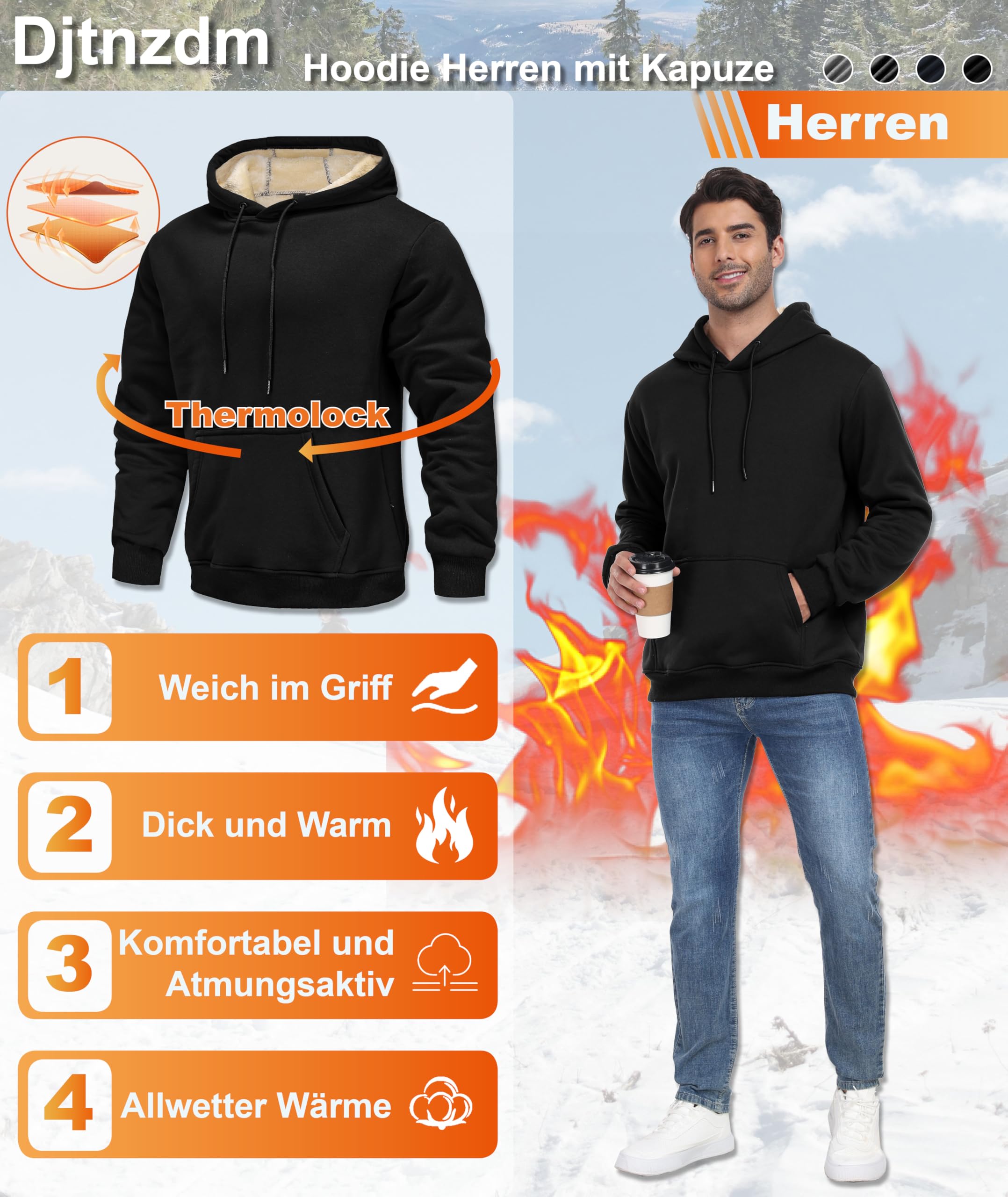 Djtnzdm Felpa Uomo Cappuccio Invernale Felpe Termica Sportiva Uomo Casual Hoodie Leisure Foderato Felpa Calda Uomo Manica Lunga Pullover Giacca in Pile Uomo Sweatshirt