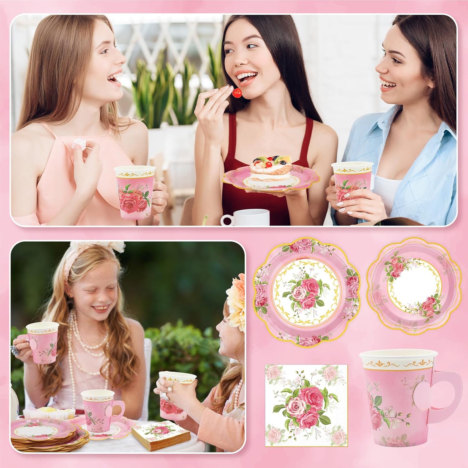 200Pcs Floral Tea Cups and Saucers for Tea Party Supplies, Disposable Tea Cups with Handle and Paper Napkins Dinnerware for Floral Theme Birthday Wedding Bridal Shower Baby Shower（Pink）