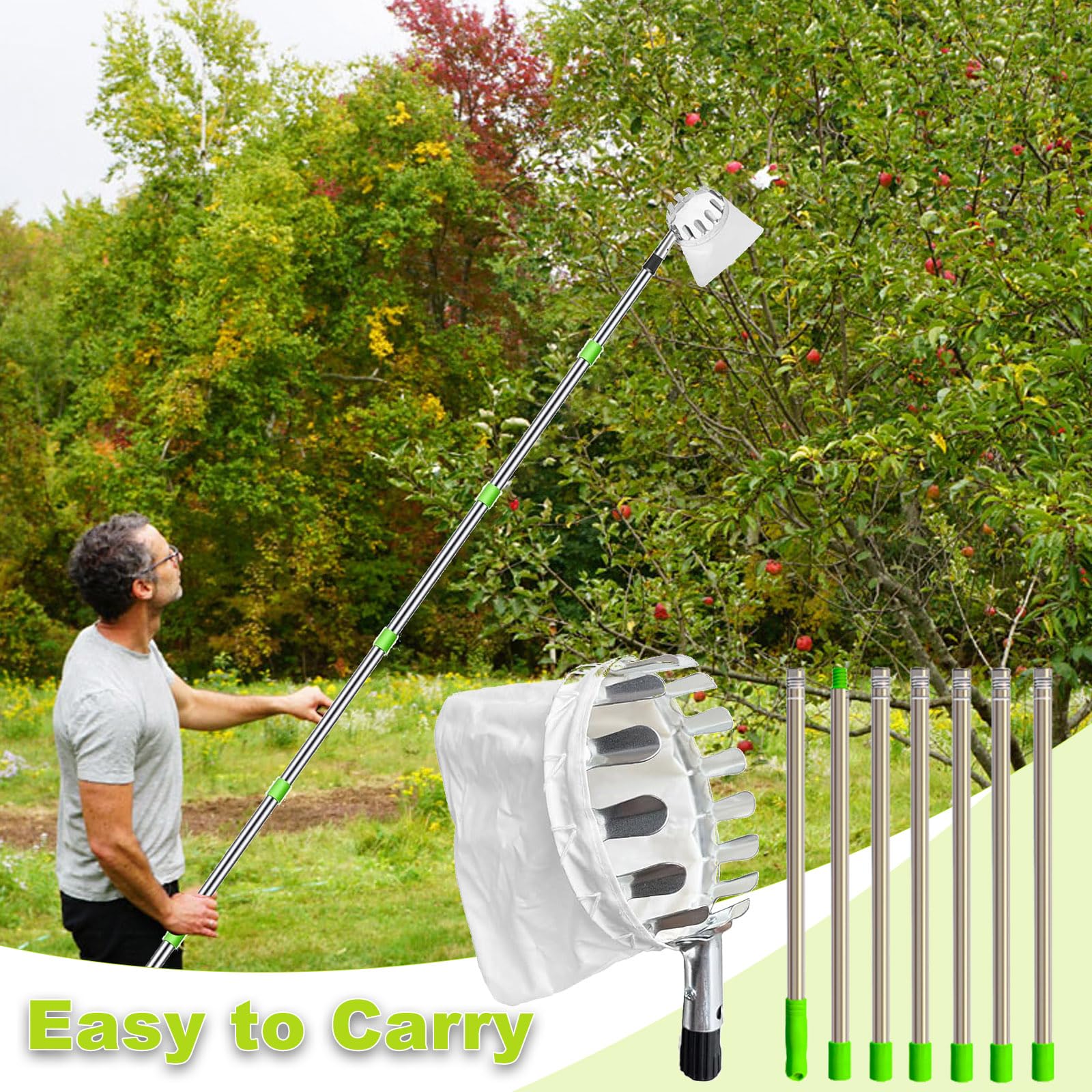 Raccogli Frutta,Raccogli Frutta con Palo in Acciaio Inox Leggero,2.8m Raccoglitore di Frutta,Diametro 13 cmMela Raccoglitrice,Raccogli Frutta da Albero con Testa a Cestello,Raccogli Fichi