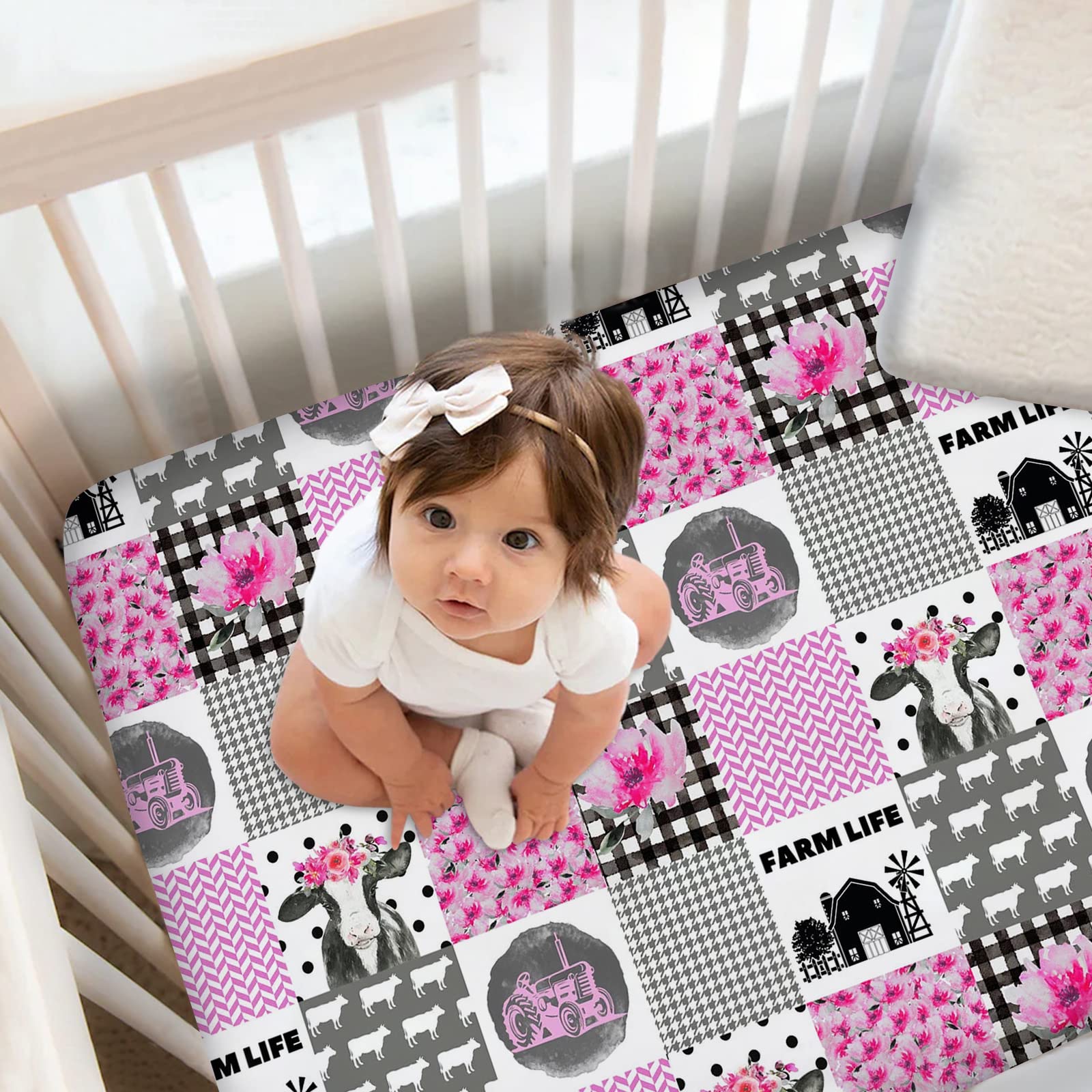 Personalized Farm Theme Baby Girl Bedding - Custom Crib Comforter & Fitted Sheet, Name Embroidery, Cow Nursery Theme, 2 Piece Set