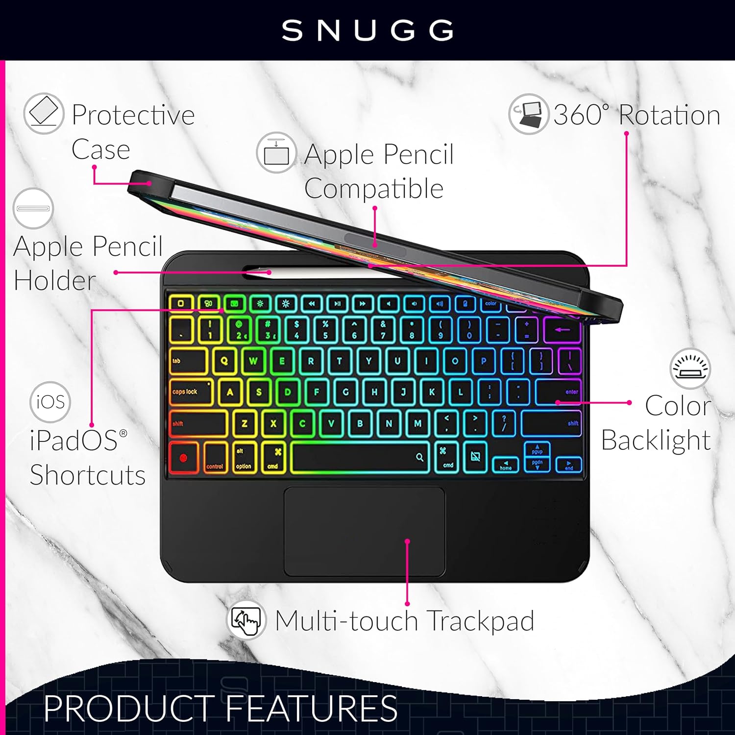 Snugg iPad Pro 12.9 Case with Keyboard (2022 6th Gen/2021 5th Gen) / iPad Air 13 Inch Case Keyboard - Backlit - 360 Degree Rotatable - Black