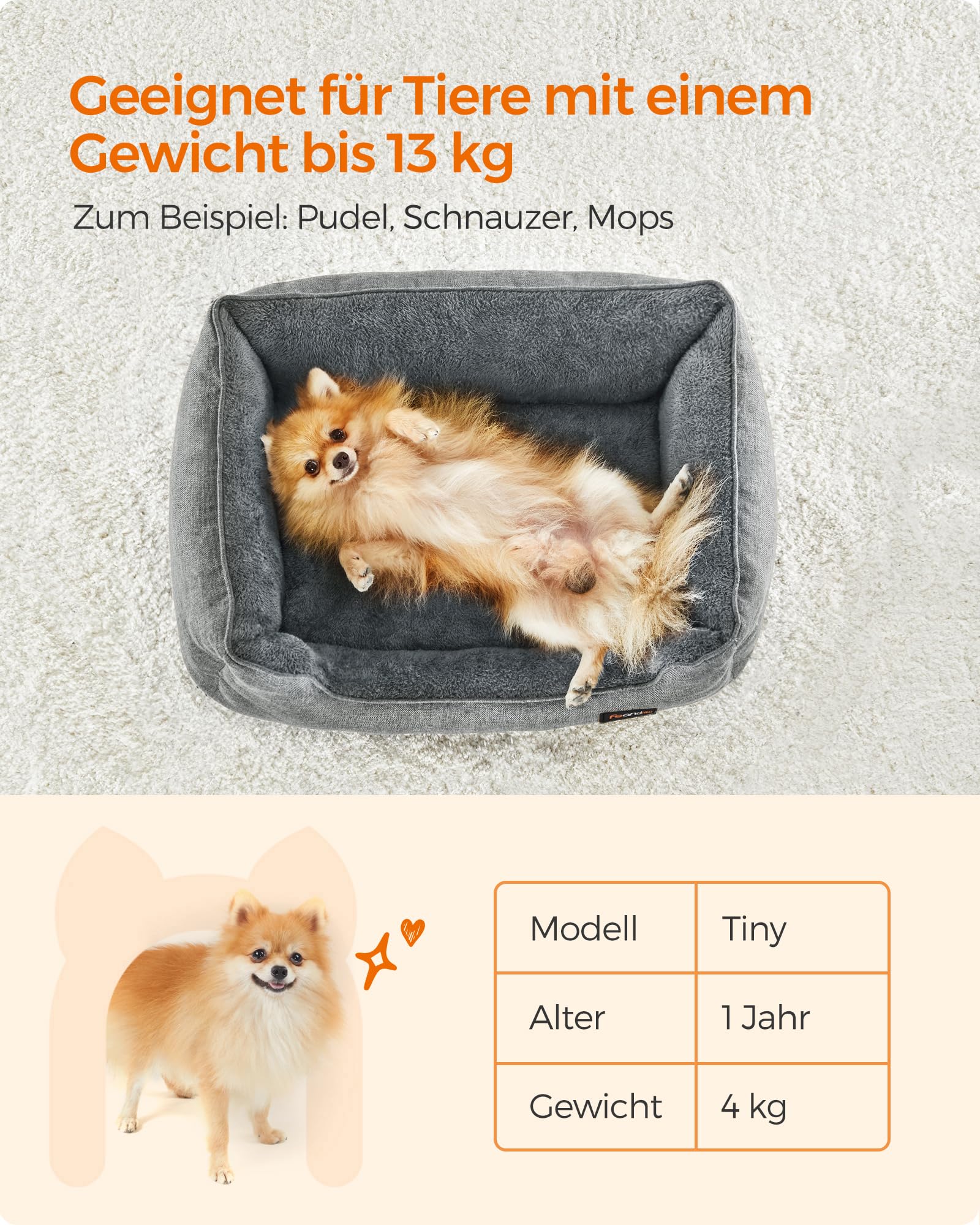 Feandrea Hundebett, Hundekissen in Leinenoptik, Hundekorb, erhöhte Ränder, rutschfeste Unterseite, Bezug abnehmbar waschbar, M, für kleine Hunde, 70 x 55 x 21 cm, hellgrau PGW10GG