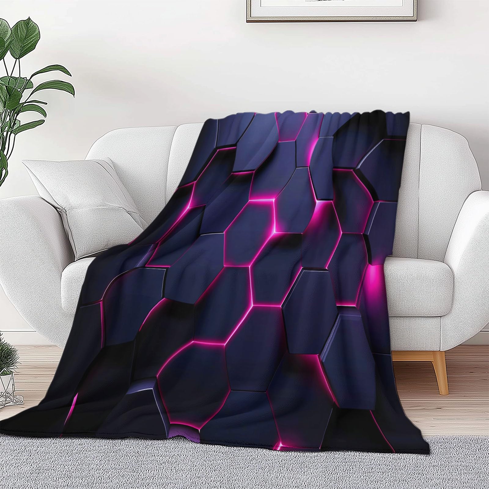 Coperta Peluche Morbido Arcobaleno Neon per Divano Sedia, Morbidi Coperte Plaid Flanella Fantascienza 3D Esagoni Geometrico - Caldo Trapuntino Sherpa Peluche Morbido Copriletto Letto, 180 x 220 cm