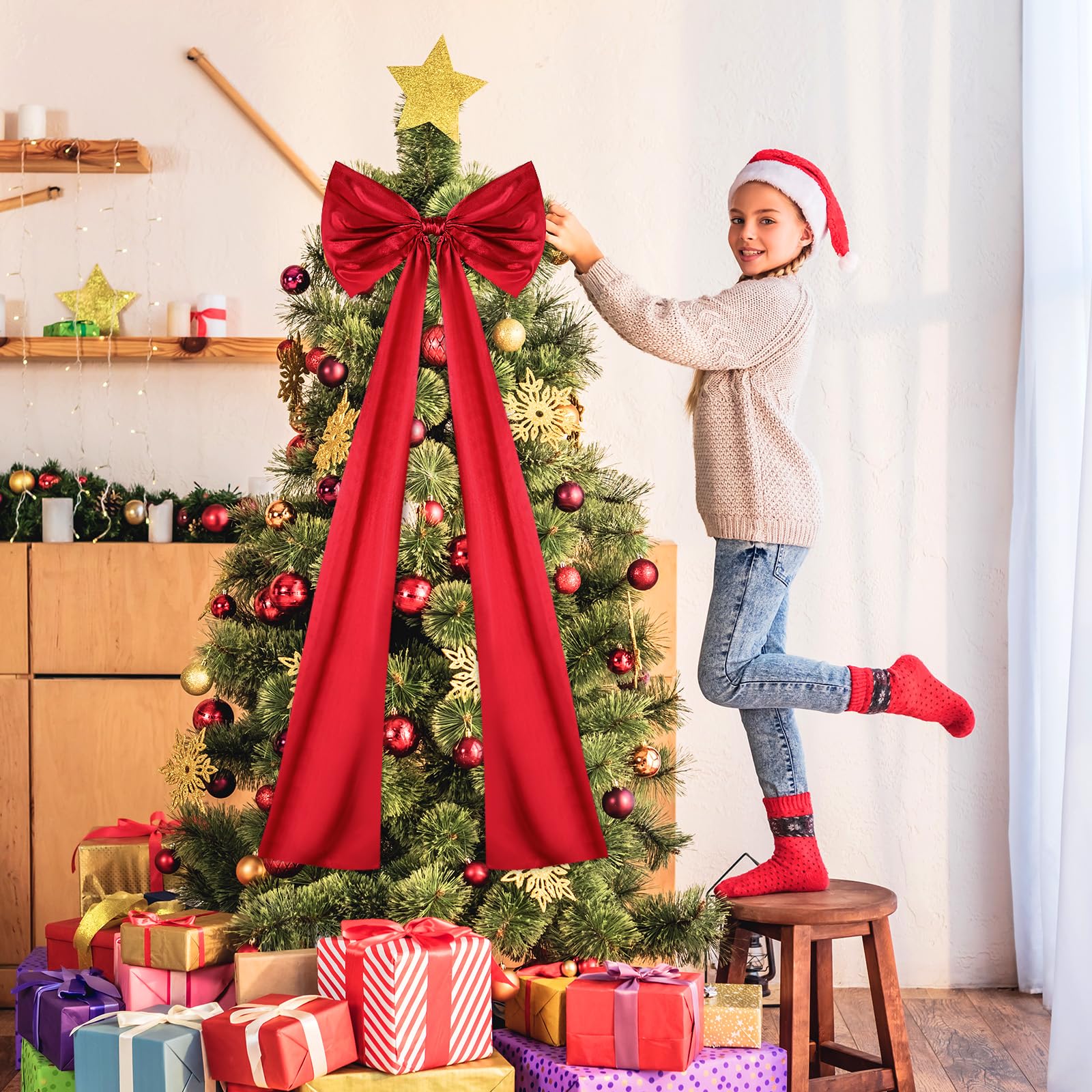 Christmas Tree Topper Bow, Large Christmas Tree Toppers Satin Bows Christmas Decorations, Christmas Wreath Bows for Home Party Wedding Car Holiday Decor Supplies (47 INCH Red Bow)