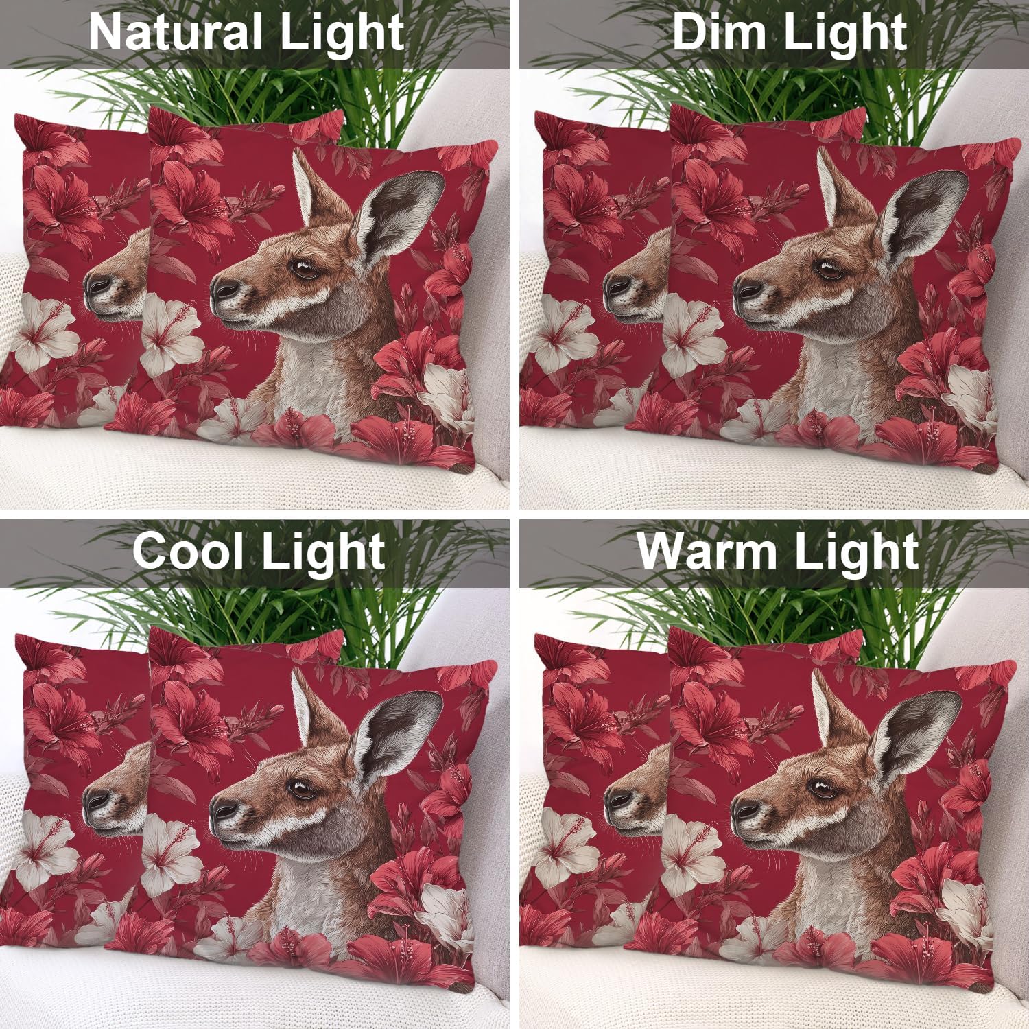 Batmerry Cute Kangaroo Throw Pillow Covers, Hibiscus Red Kangaroo Surrounded by Flowers Pillow Covers Digital Printing Blended Fabric for Couch Sofa Bed Invisible Zipper 20X20 in(Set of 2)