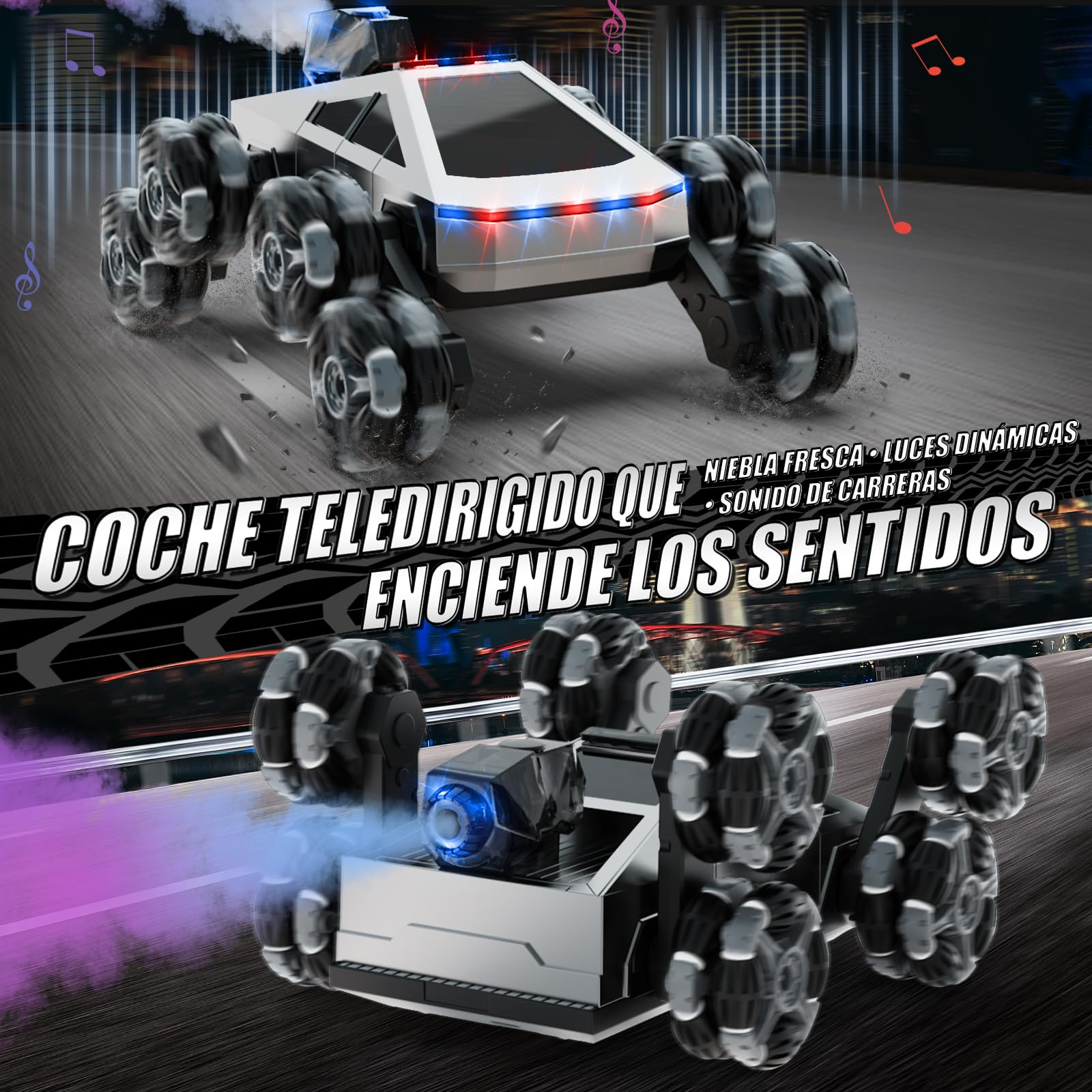 Coche Teledirigido RC Acrobático 8 Ruedas, Vehículo Todoterreno con Mando a Distancia & Control Manual, Luces LED, Música, Spray, Juguete para Niños 5-11 Años, Regalo Cumpleaños, Navidad y Reyes Magos