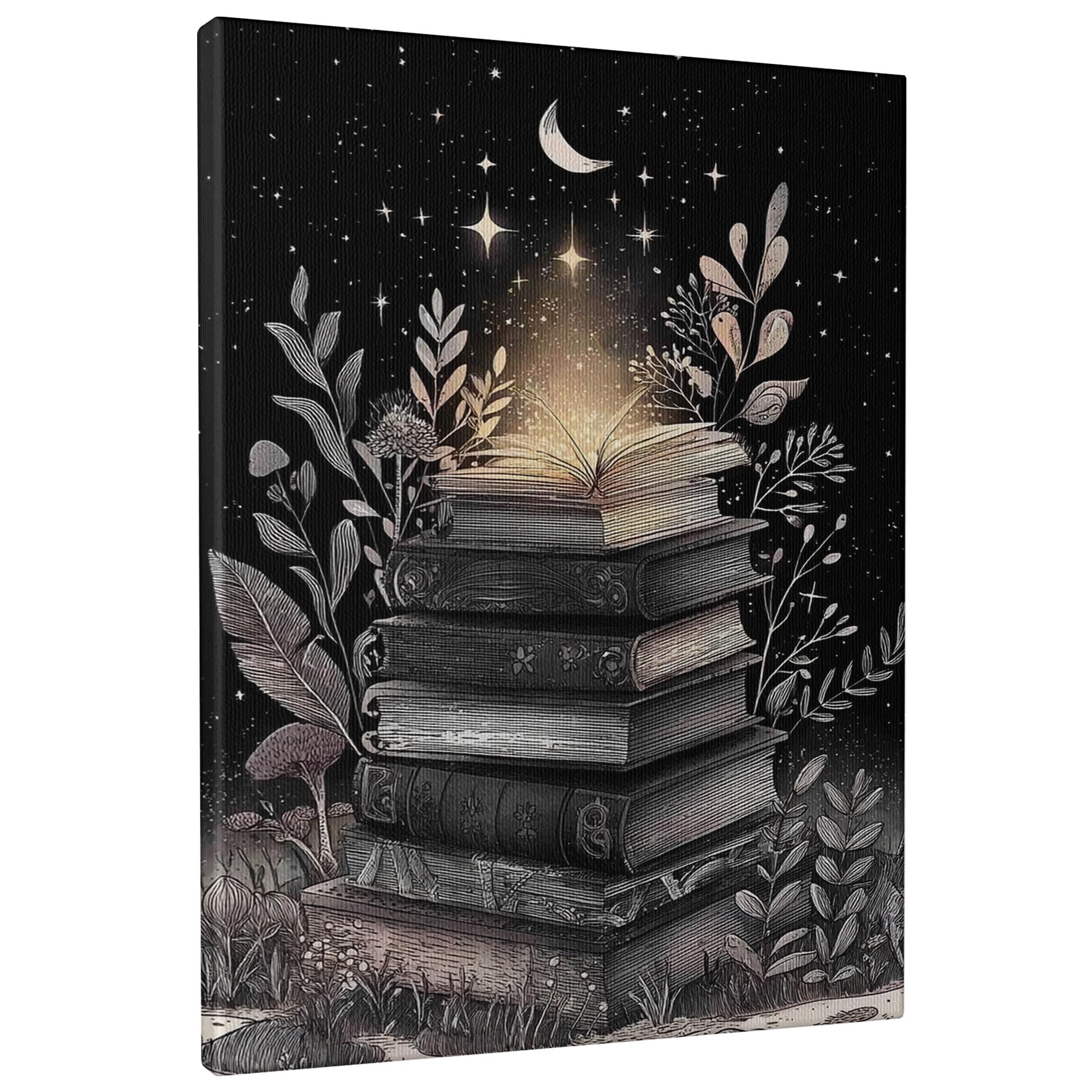 Starry Night Books Canvas Wall Art, Black White Illuminated Book Print, Fanciful Wall Decor For Living Room, Bedroom, Office, Wrapped Canvas 12x16 Inch