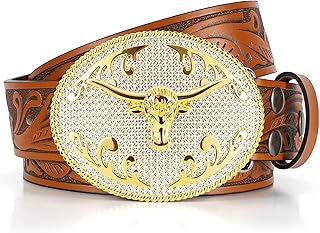 SANSTHS Cowboy Belts for Men Women, Western Leather Belt with Big Buckles Mexican Country