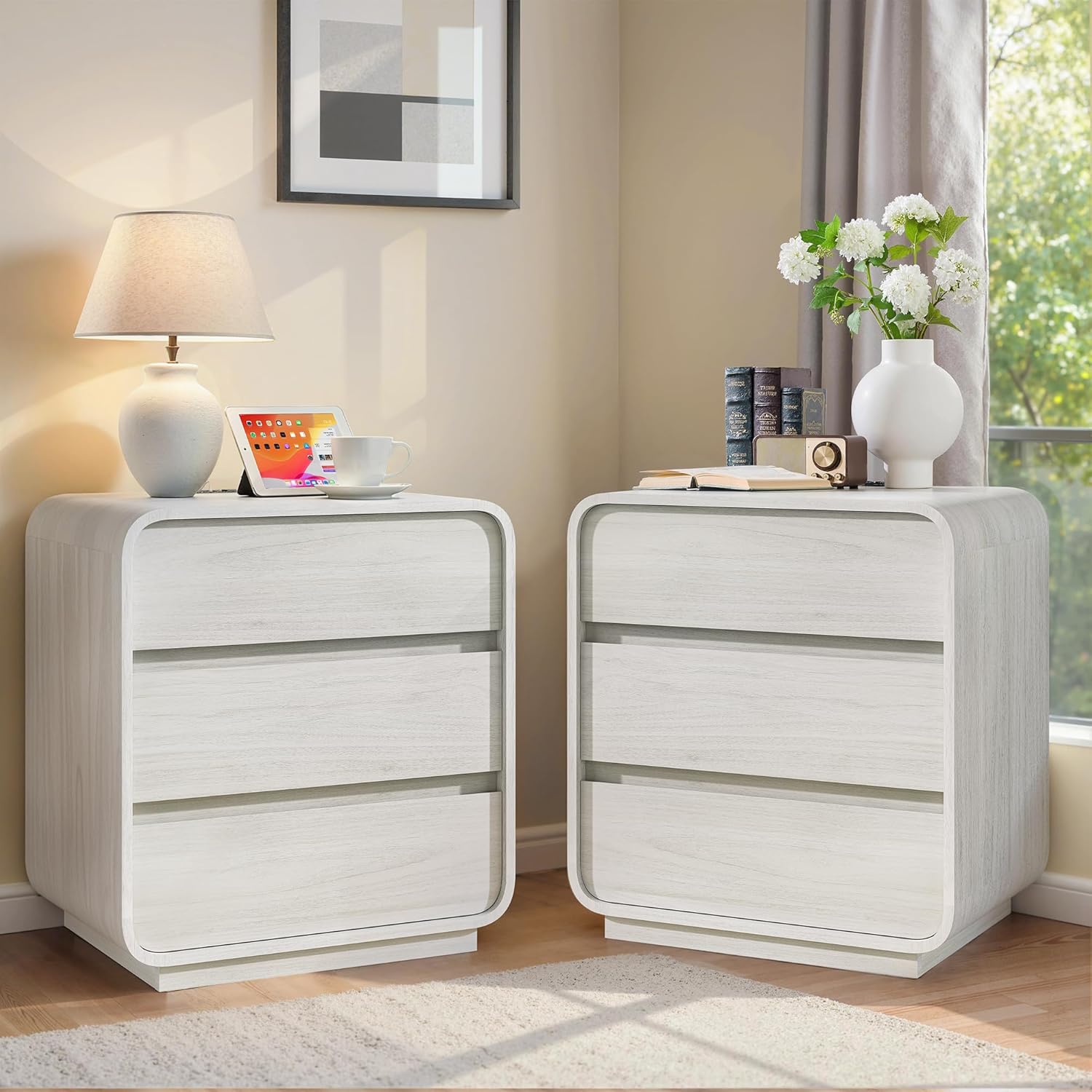 White Night Stand Set of 2 with Charging Station, Modern Dresser End Table with 3 S...