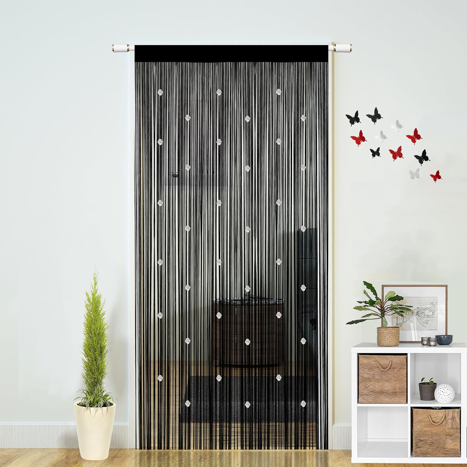 Beaded String Curtains for Doorways Boho Bedroom Decor Hanging Door Wall Beads Closet Window Curtain Room Divider Privacy Decorative (Black, 39" W x 110" L)