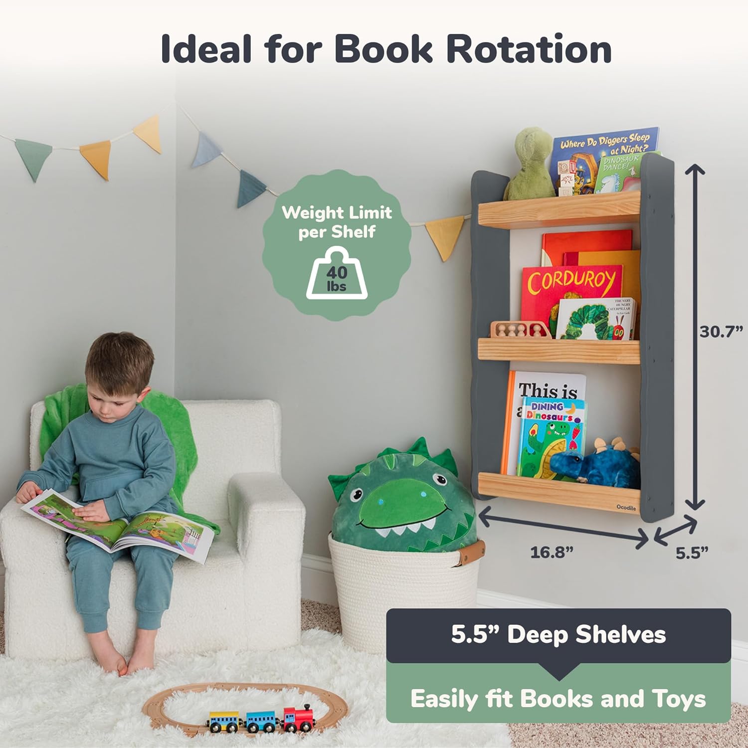 Ocodile Floating Kids Bookshelf – 3-Tier Wall Mounted Bookshelf for Nursery & Playroom – Montessori Floating Shelves for Kids Room Made of Pine Wood with Smooth Finish - Gray