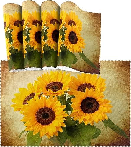visesunny Juego de 4 manteles individuales retro con diseño de girasol, para decoración de escritorio, antideslizantes, resistentes al calor, 12 x