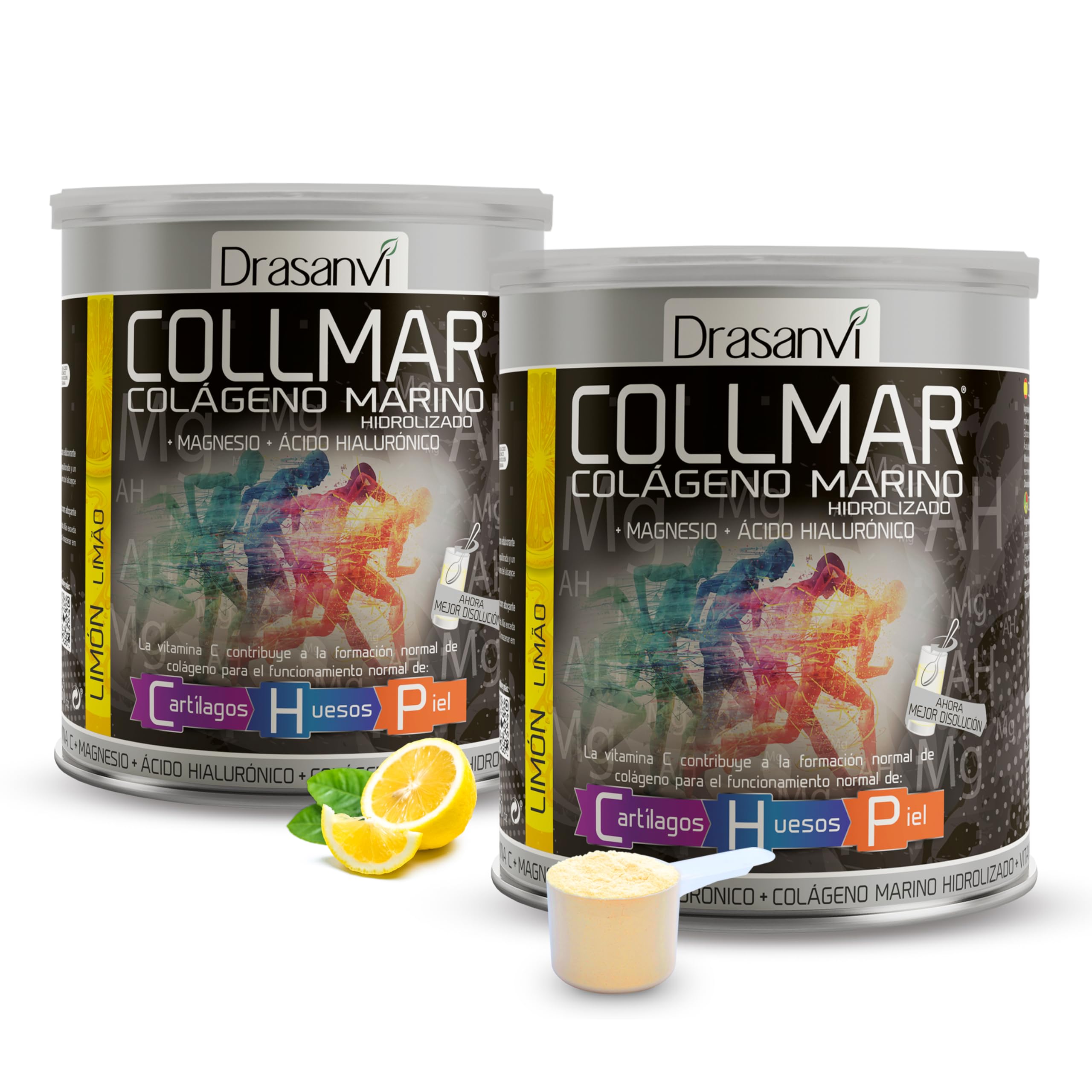 Drasanvi COLLMAR Colageno Marino Hidrolizado con Magnesio, Acido Hialuronico y Vitamina C | para cartílagos, huesos y piel | Máx. Asimilación 9.717 mg/día | 2 x 300 g de polvo | Sabor Limón