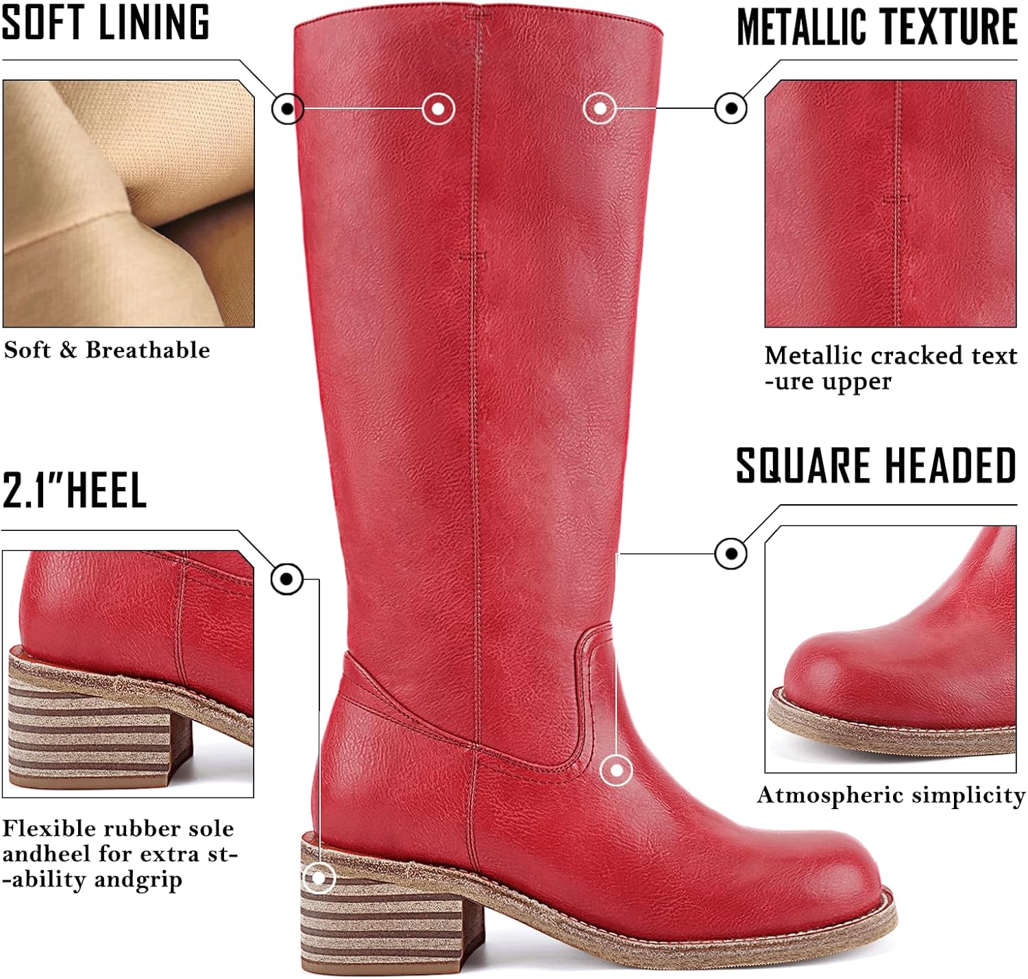 UBWDU Women's Knee High Boots Chunky Block Heel Long Boots Square Toe Low Heel Boots for Women - Image 4