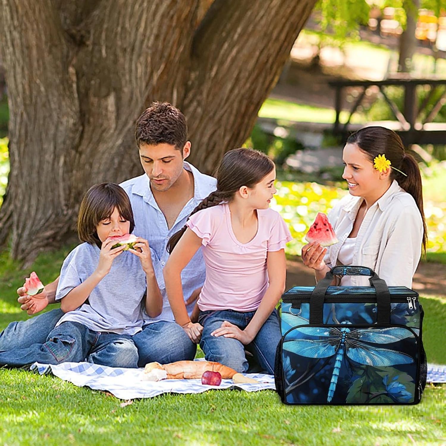 Insulated Picnic Backpack Tote Bag, Large Capacity 30L Art Blue Dragonfly Cooler Bag Leakproof Beach Bags Portable Lunch Box Waterproof Picnic Basket for Beach Camping BBQ