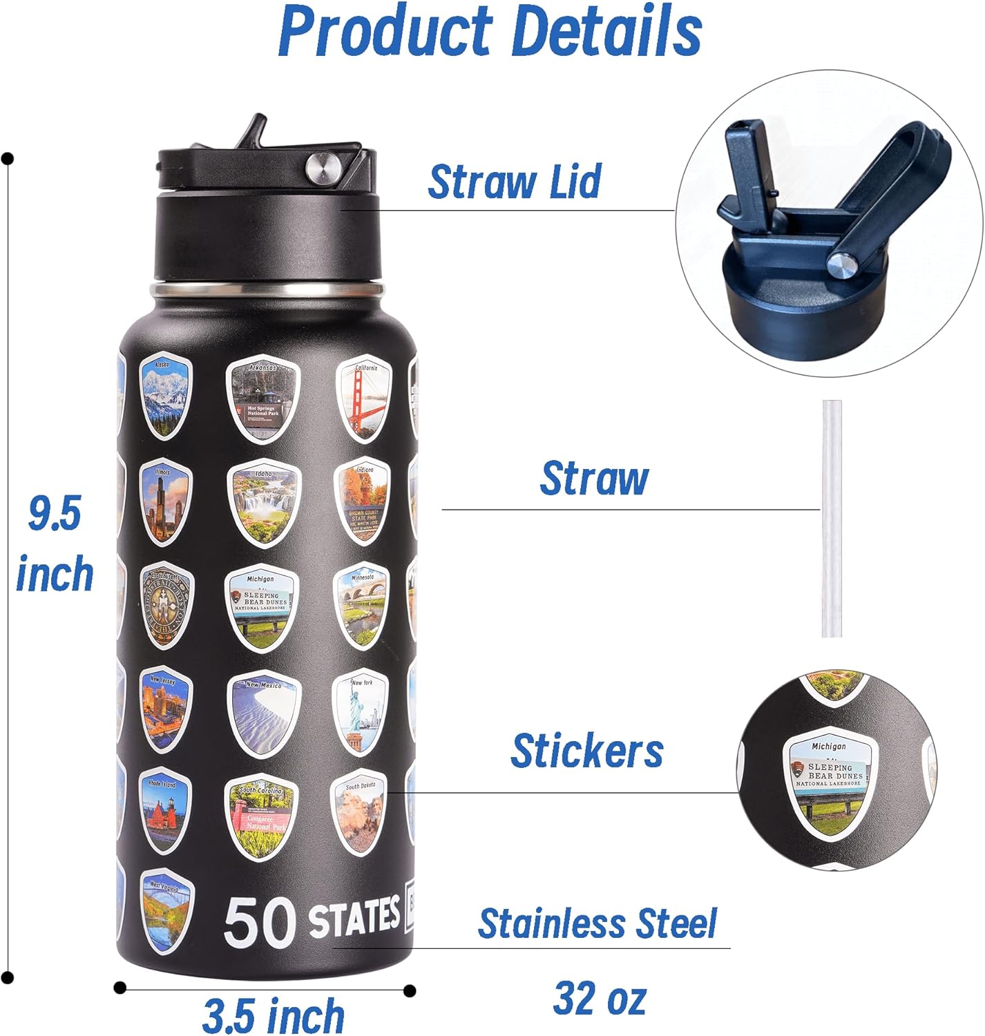50 States Water Bottle with Stickers, National Parks Water Bottle, Stainless Steel Insulated Bottles with Straw,3D Printed,32 oz,Double Stickers,Gifts for Men,Black - Image 6