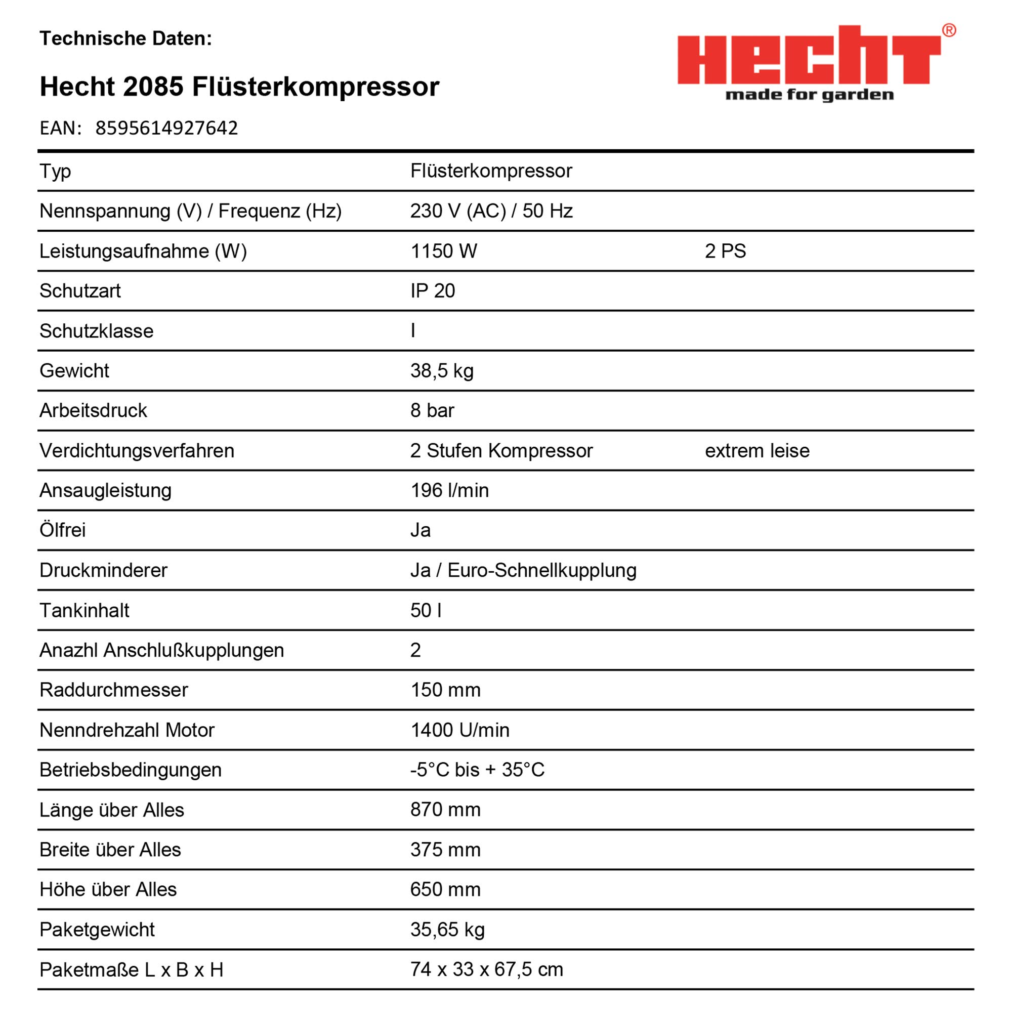 HECHT 2-Stufen Flüsterkompressor 50 L – ölfrei, 1150 W | Kompressor mit Manometer, Schnellkupplung, Druckminderer und 50 L Tank – für Werkstatt, Garage und Werkzeuge