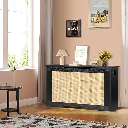 Miniatura 4 de usikey Baúl de almacenamiento de 29.5 pulgadas con ratán, caja de almacenamiento de madera con bisagra de seguridad y parachoques de gel, banco de