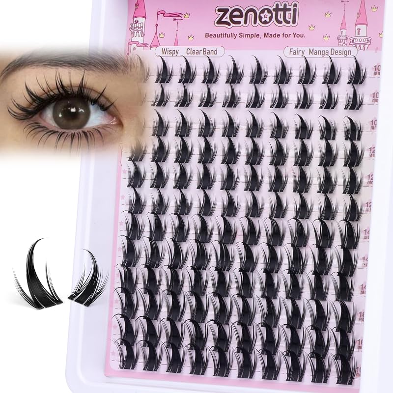 Cílios postiços em tufos com pontas estilo mangá, faixa transparente, 10–16 mm, 120 unidades, zenotti