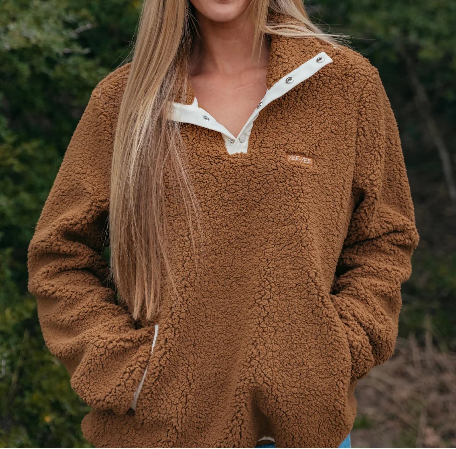 Yee Yee Apparel Coyote Sherpa Pullover - Sherpa Fleece Jacket for Women with Stand Up Collar and Elastic Cuffs