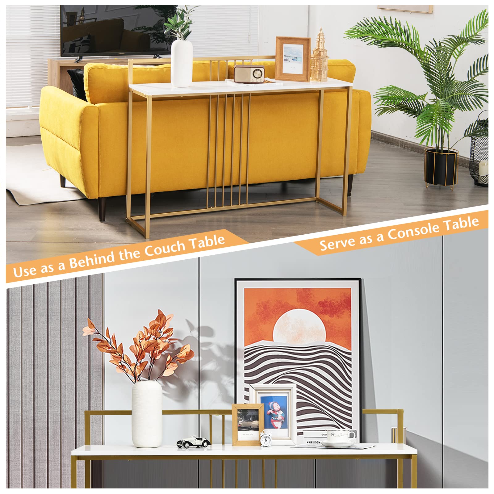 GIANTEX Tavolo Consolle in Marmorizzato Oro, Tavolino da Corridoio Struttura in Metallo, Tavolino da Salotto Design Moderno e Sottile, 120 x 30 x 88 cm (Bianco+Oro)