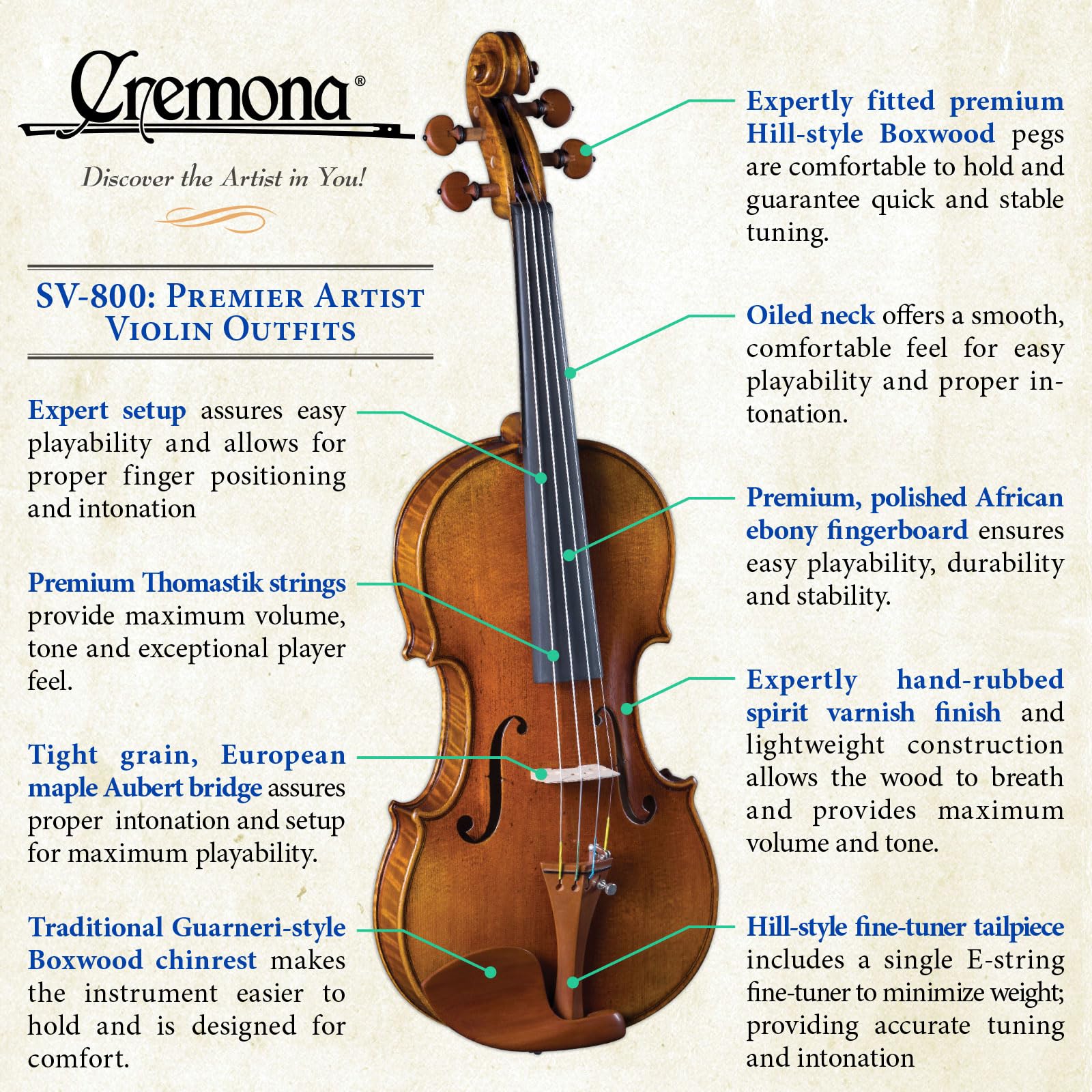 Cremona SV-800 Violin Bundle 4/4 Full Size – Setup, Ready to Play