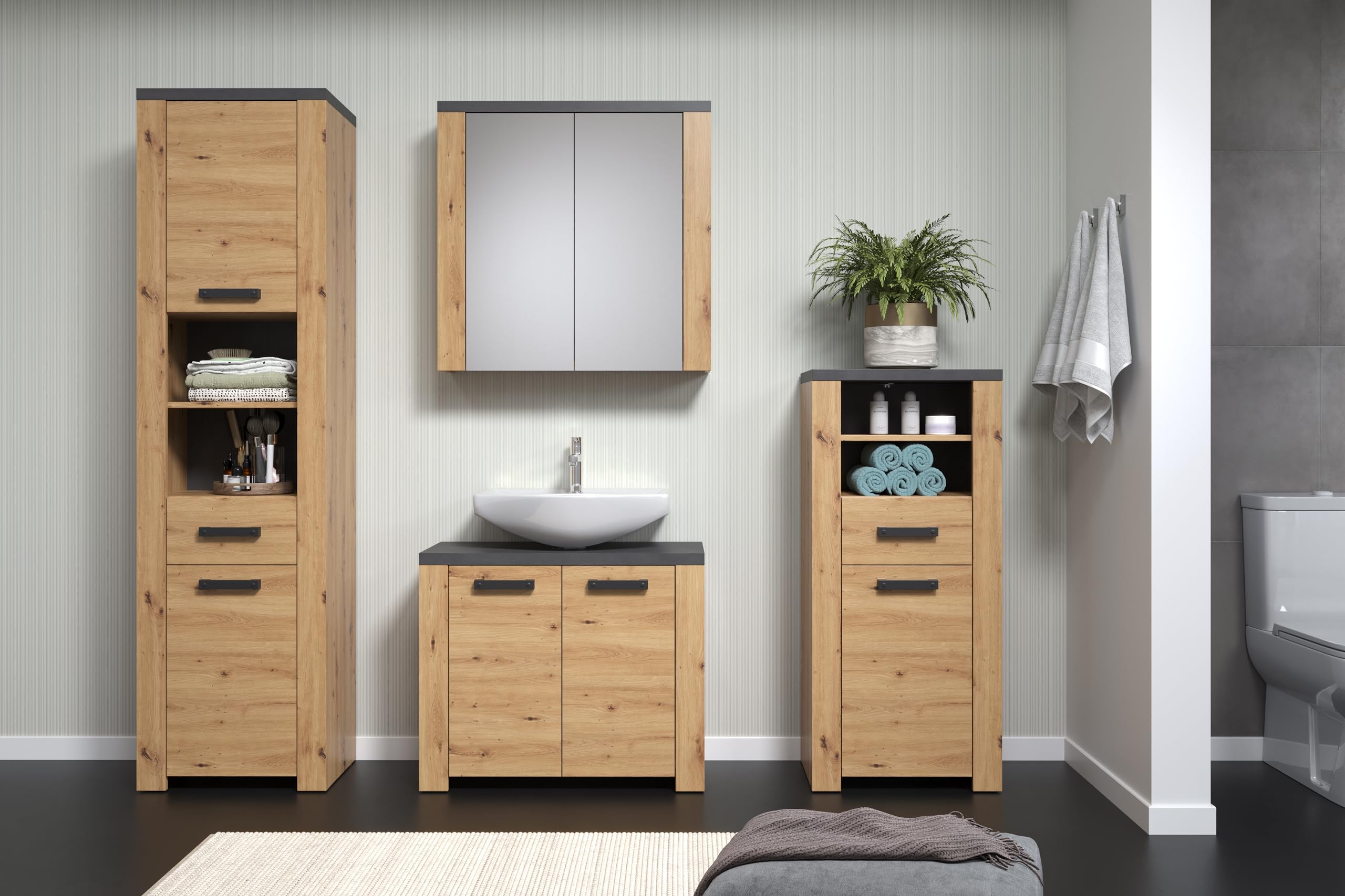 trendteam smart living - Follow - Waschbeckenunterschrank - Artisan Eiche/Matera - Waschtisch mit 2 Türen und 1 Einlegeboden - (BxHxT) 79 x 67 x 35 cm - moderne, schwarze Griffe - kratzfest